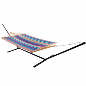Double Cotton Spreader Bar Hammock with Stand (13ft/ 370 cm) - Tropical outdoor hammock with stand and canopy