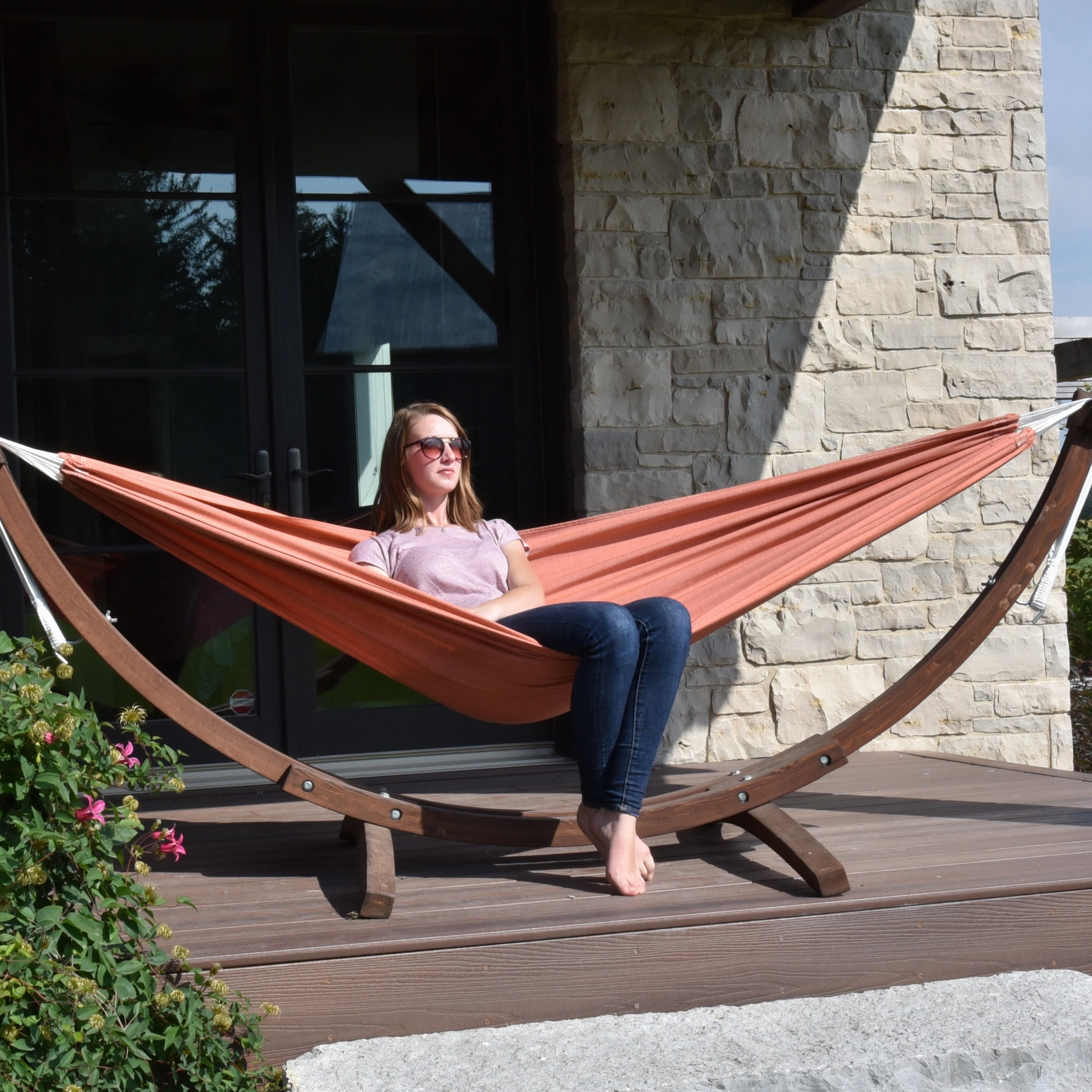 Double Sunbrella Hammock with Solid Pine Stand (8ft/260cm) - Coral
