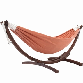 Double Sunbrella Hammock with Solid Pine Stand (8ft/260cm) - Coral outdoor hammock with stand and canopy