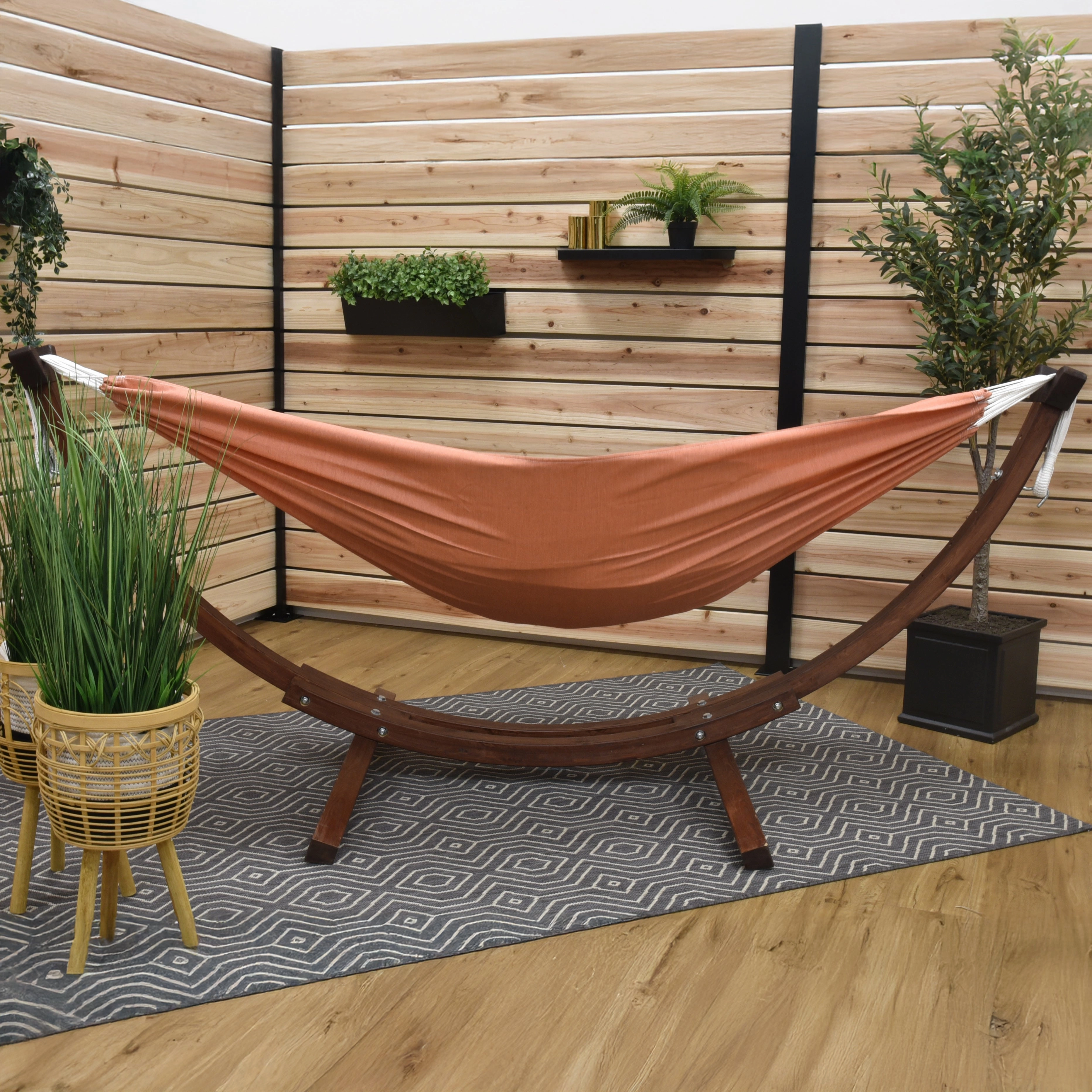 Double Sunbrella Hammock with Solid Pine Stand (8ft/260cm) - Coral