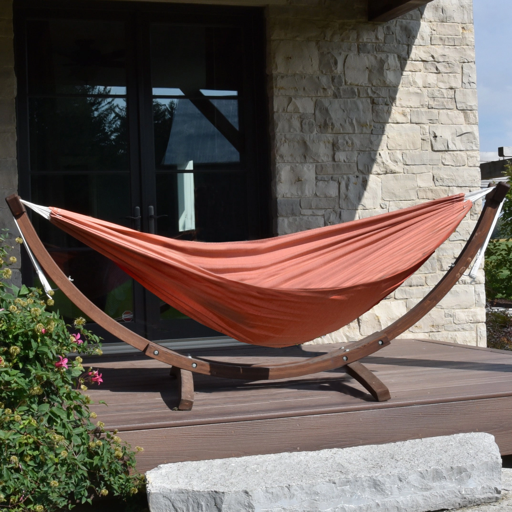 Double Sunbrella Hammock with Solid Pine Stand (8ft/260cm) - Coral