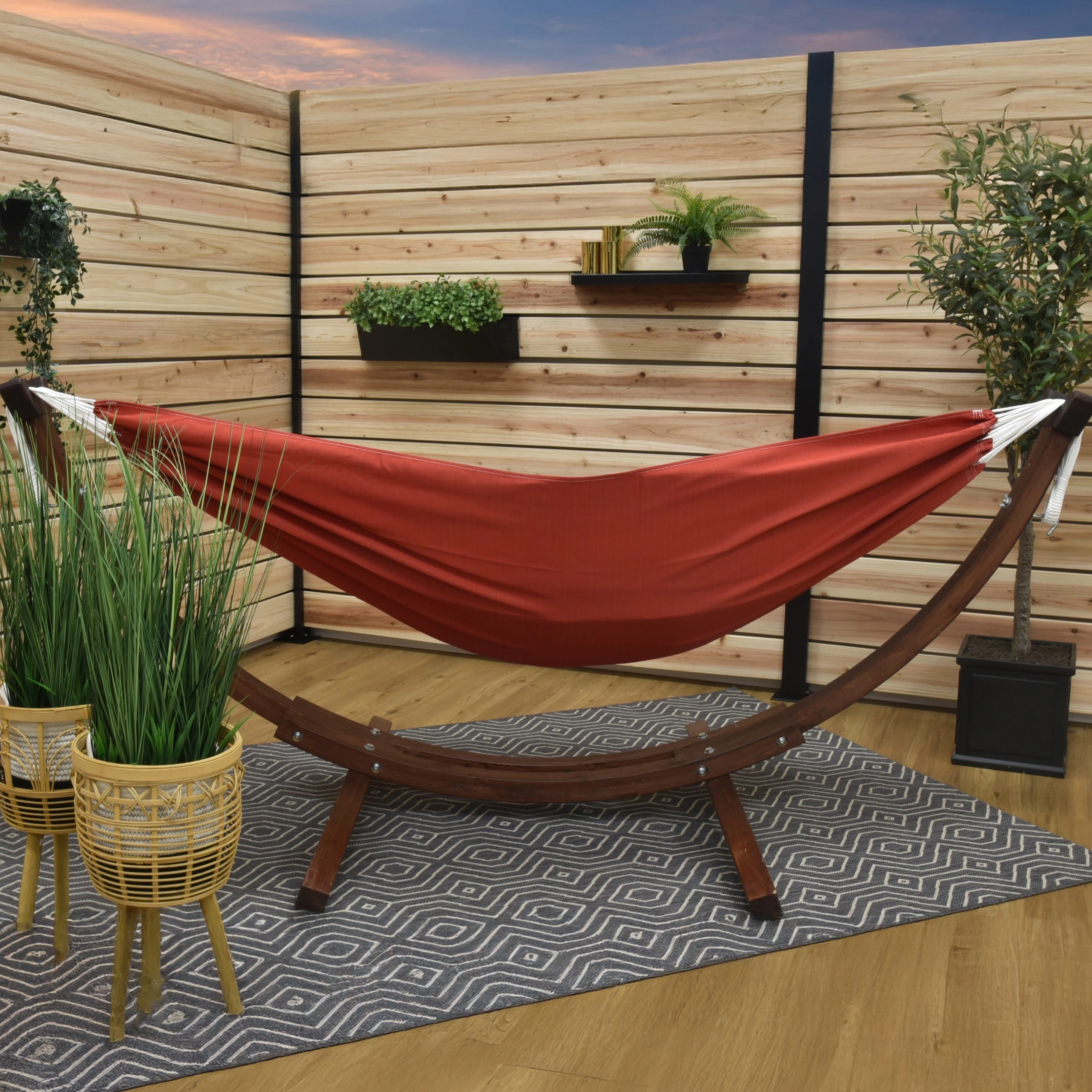 Double Sunbrella Hammock with Solid Pine Stand (8ft/260cm) - Crimson
