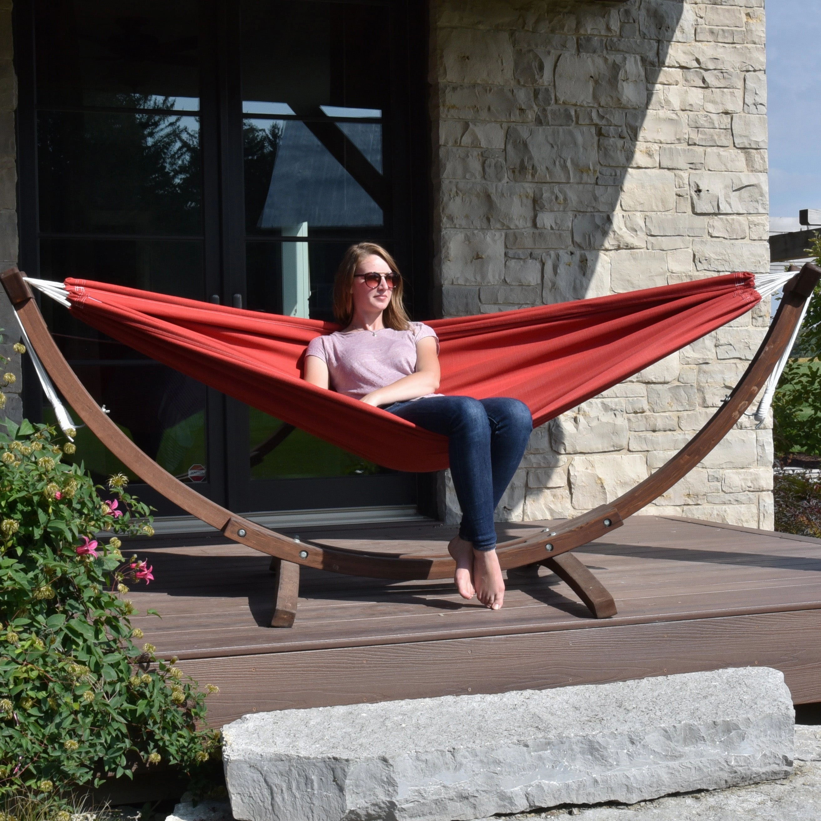 Double Sunbrella Hammock with Solid Pine Stand (8ft/260cm) - Crimson