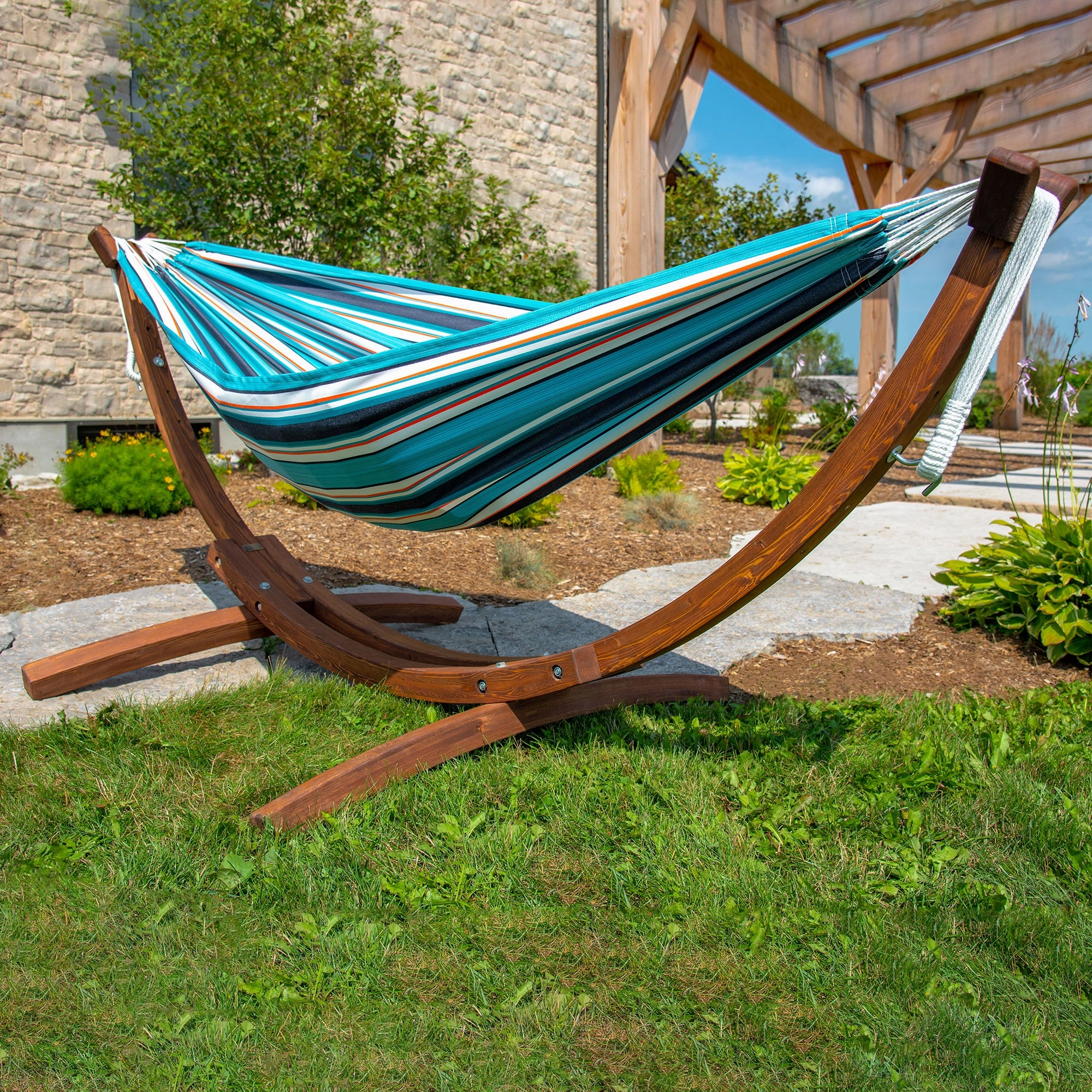 Double Sunbrella Hammock with Solid Pine Stand (8ft/260cm) - Token Surfside