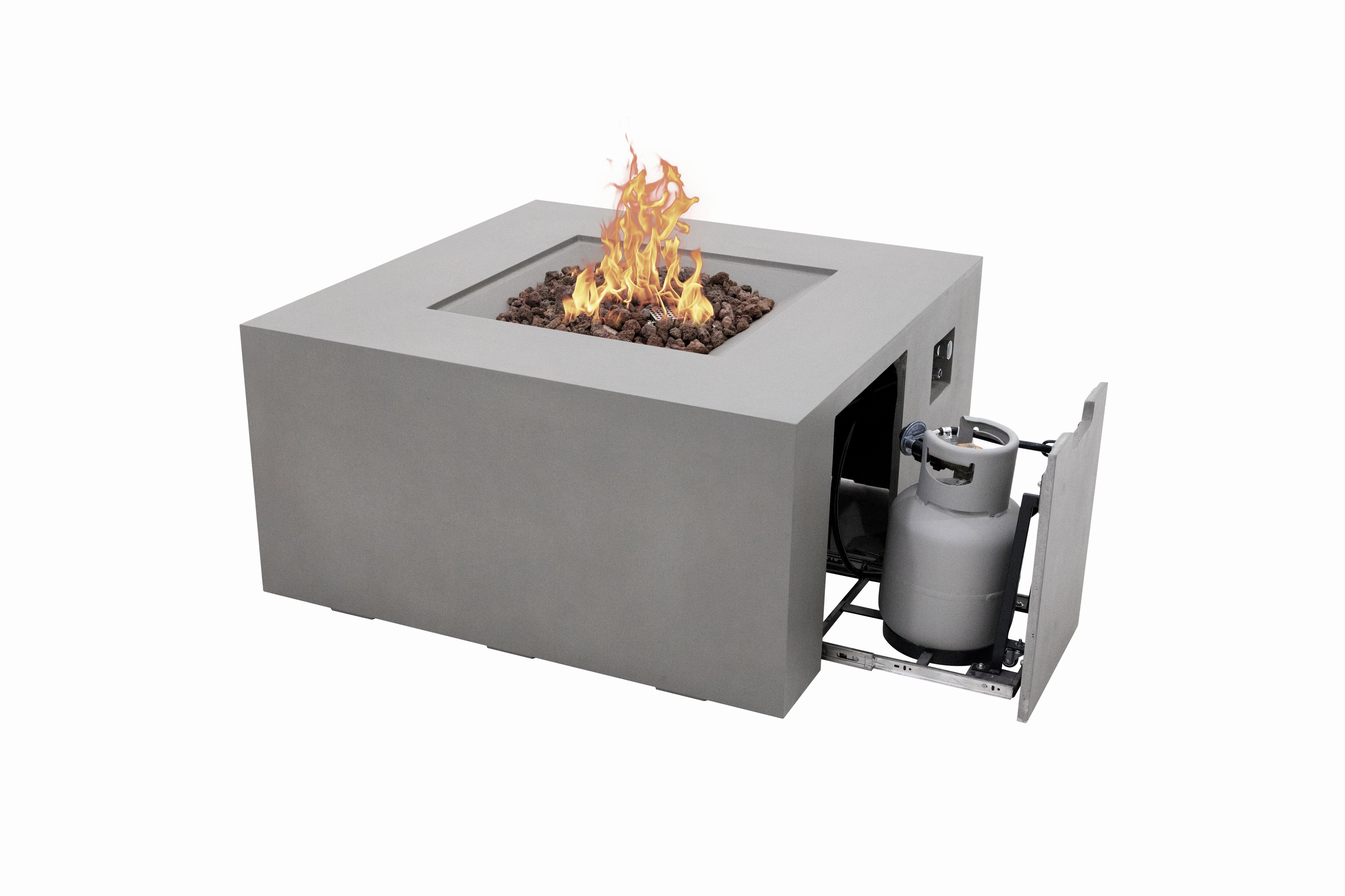 Elementi - Rocky Square Concrete Fire Pit Table, Hidden Propane Storage OFG310
