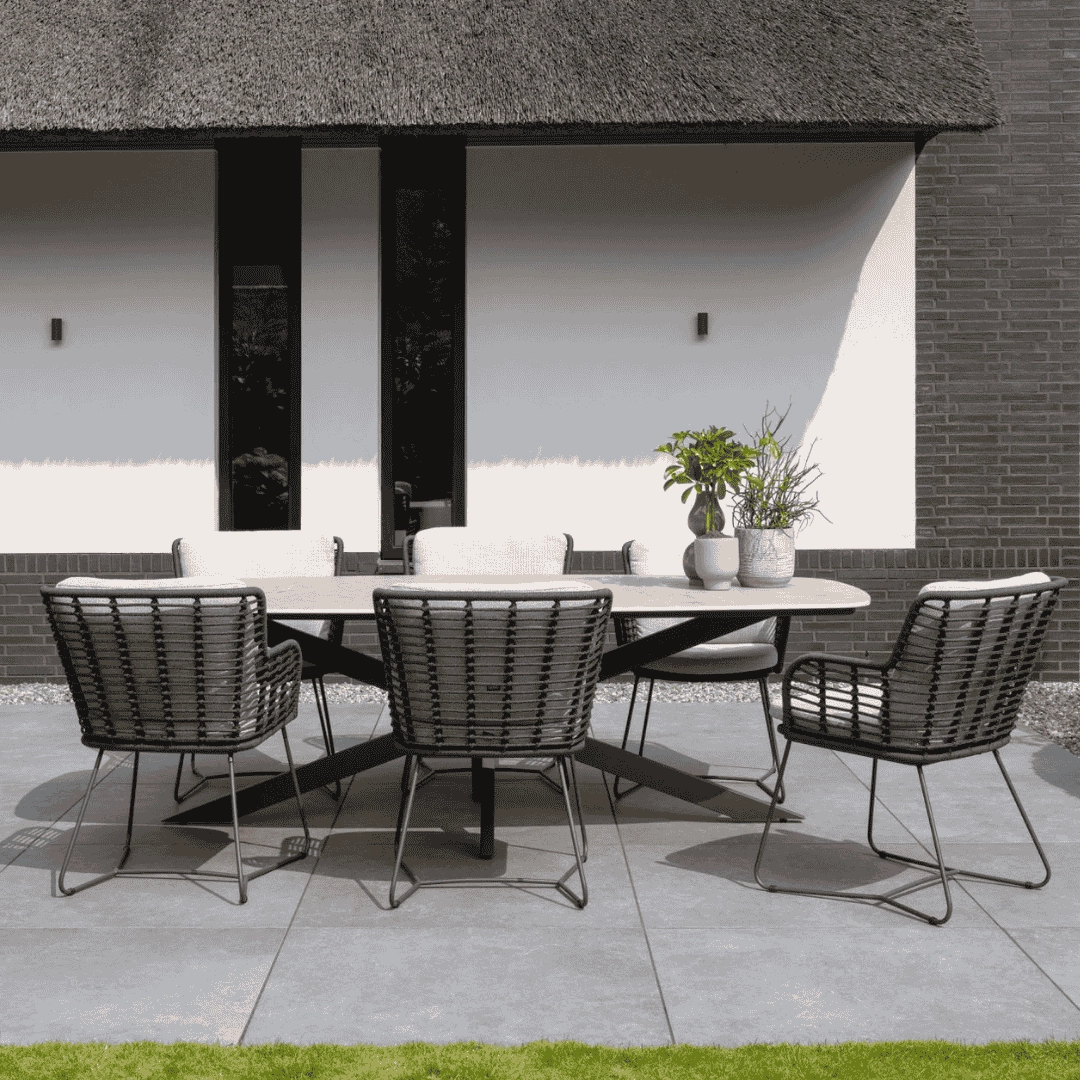 Fabrice 6 Seat Garden Dining Set - Ceramic Table topsolid wood outdoor table and chairs set