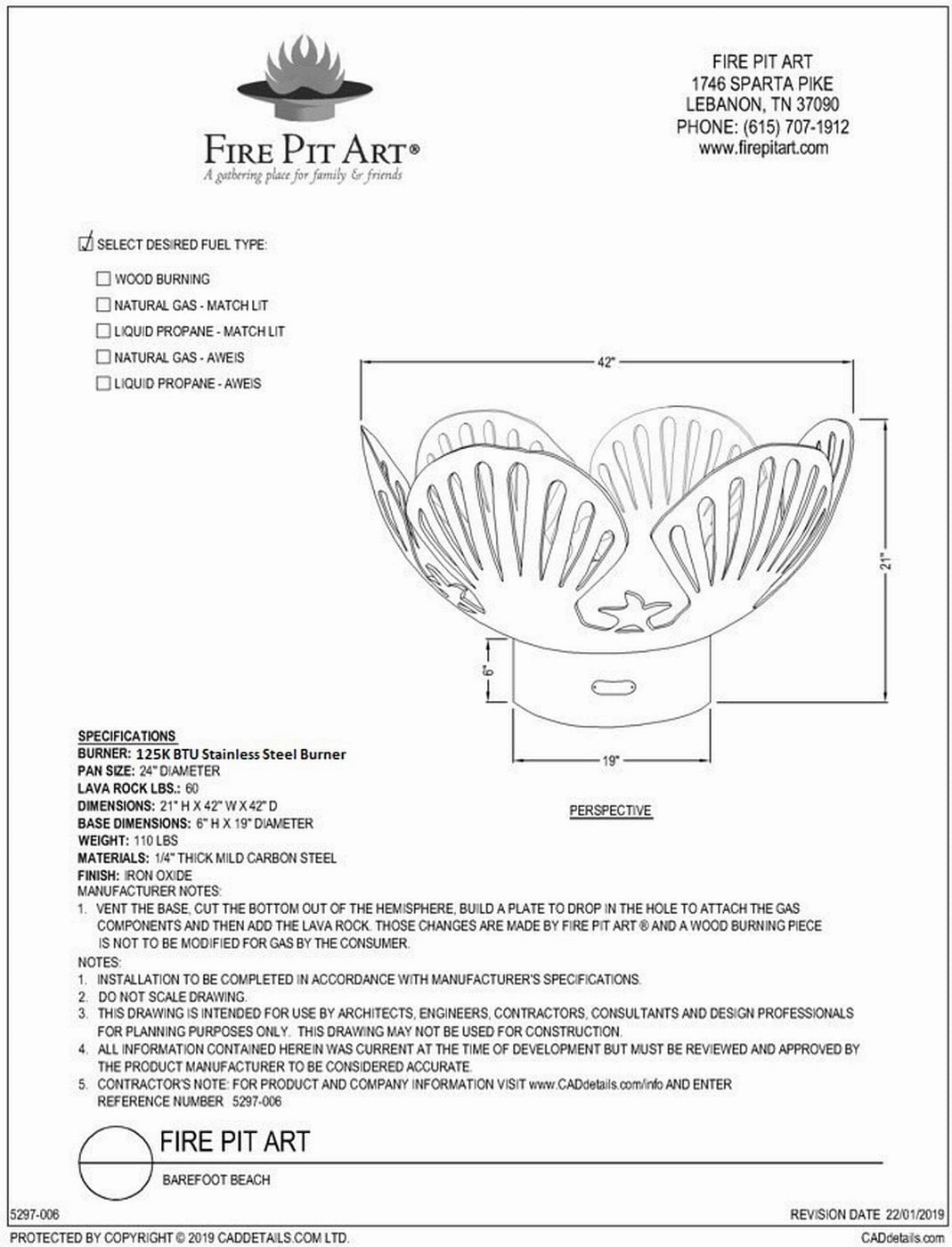 Fire Pit Art Barefoot Beach 42-inch Match Lit Fire Pit Barefoot Beach - PENTA18-125K BTU