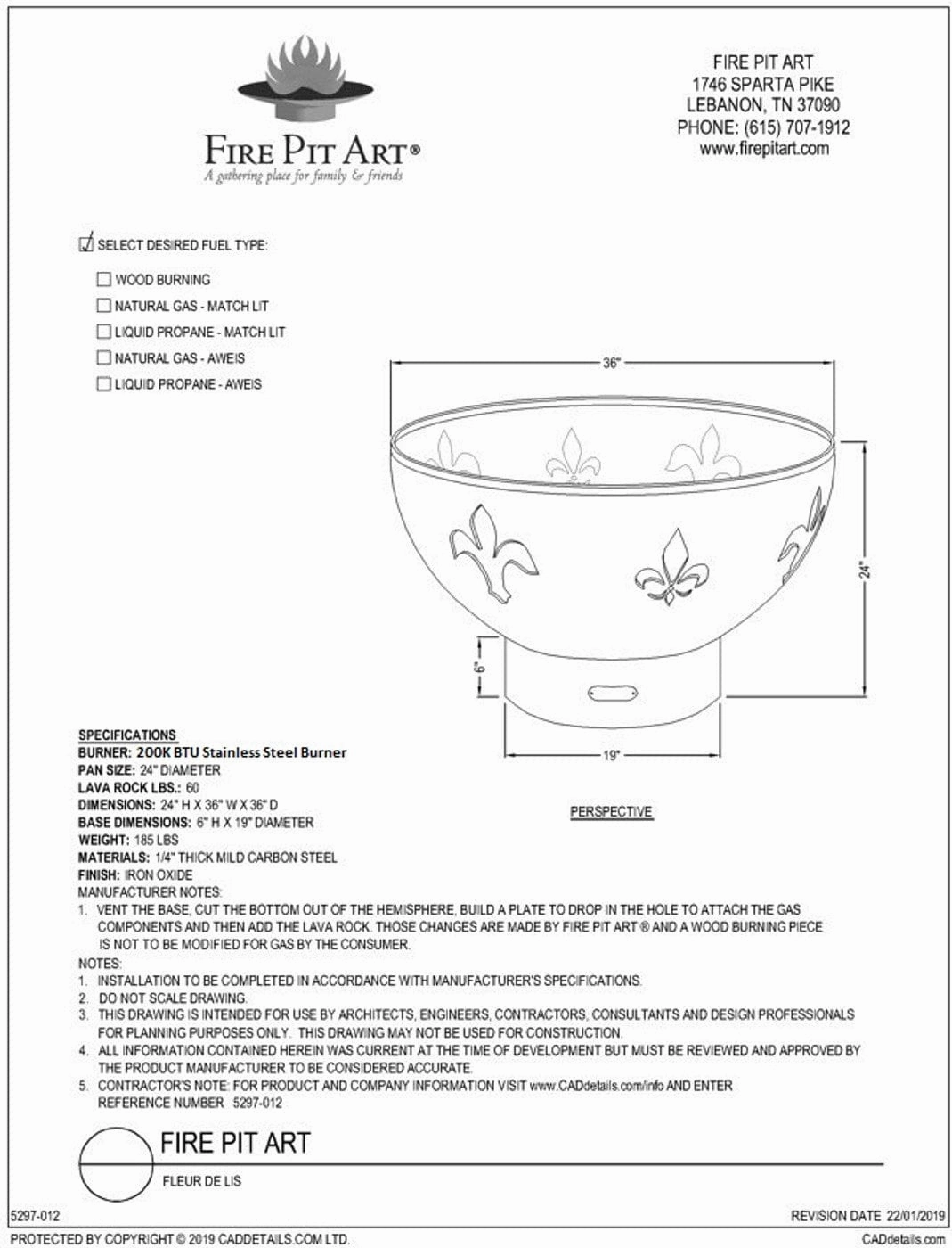 Fire Pit Art Fleur de Lis 36-inch Match Lit Fire Pit - Fleur De Lis-PENTA24-200K BTU