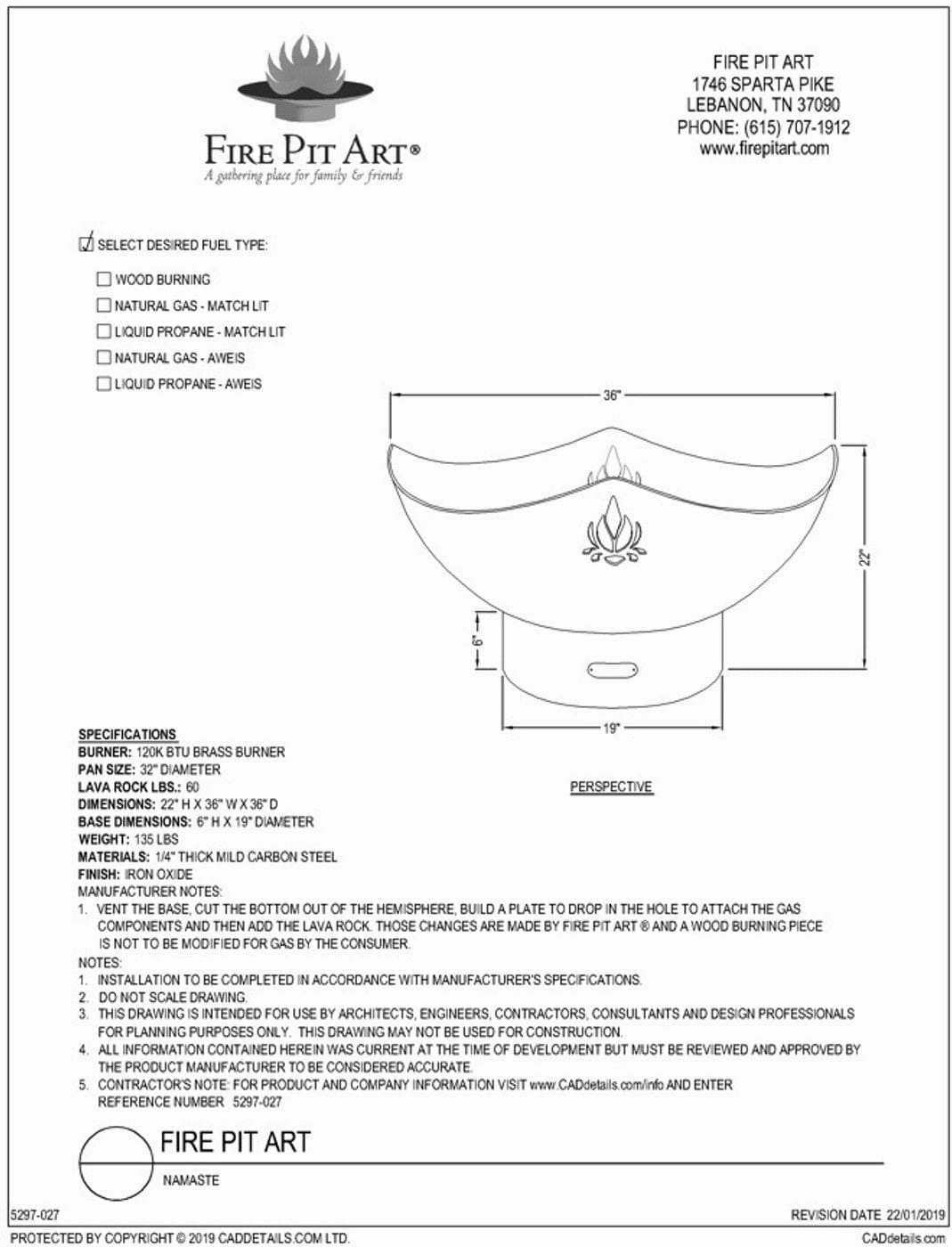 Fire Pit Art Namaste 36-inch Gas Fire Pit - NAM