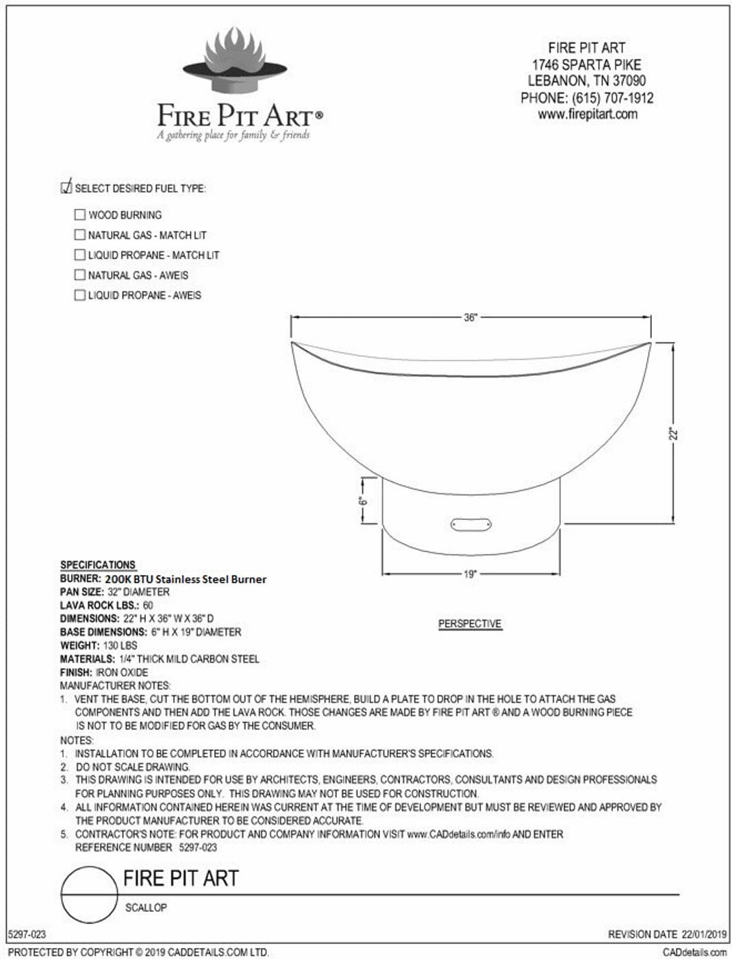 Fire Pit Art Scallop/Tidal 36-inch Gas Fire Pit - SC
