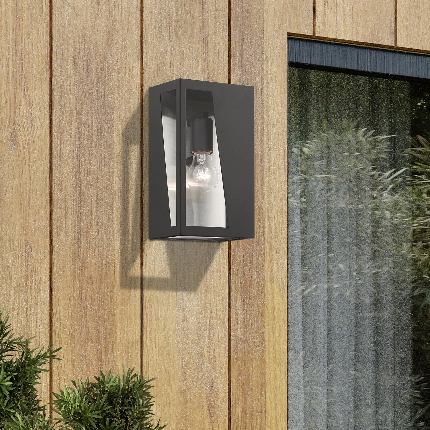 Forsyth One Light Outdoor Wall Lantern Black with Brushed Nickel Stainless Steel Reflector