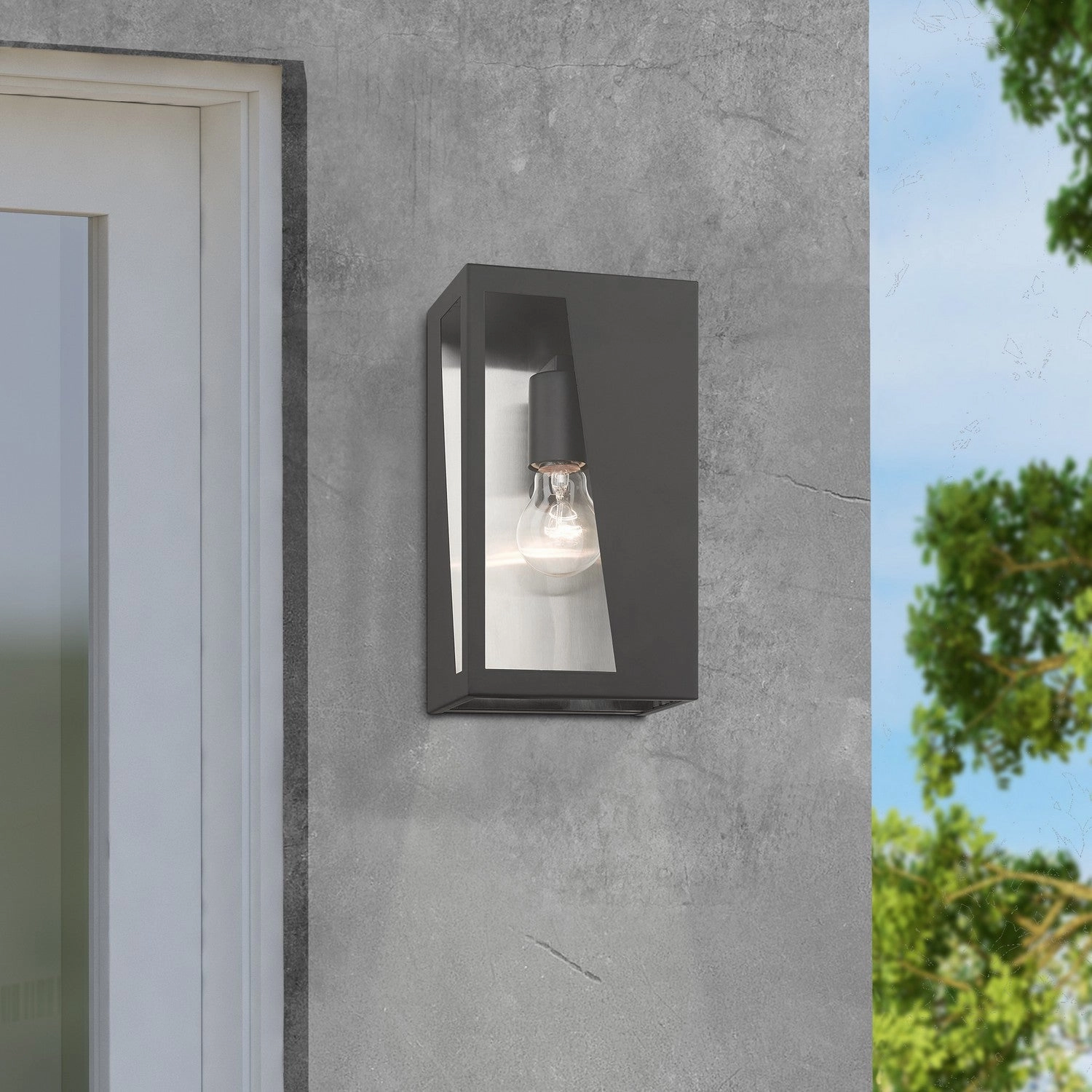 Forsyth One Light Outdoor Wall Lantern Black with Brushed Nickel Stainless Steel Reflector