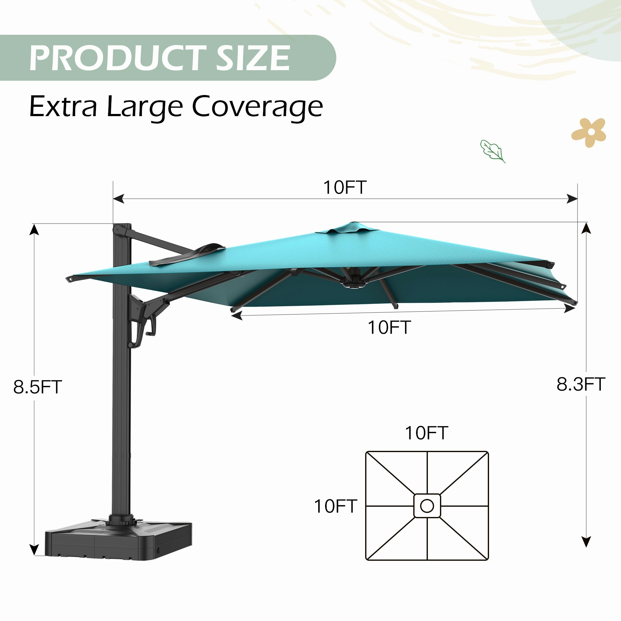 HOMREST 10x10ft Large Rectangular Cantilever Umbrella with 360 Rotation & 6 Adjustable Heights, Blue (Base Excluded)