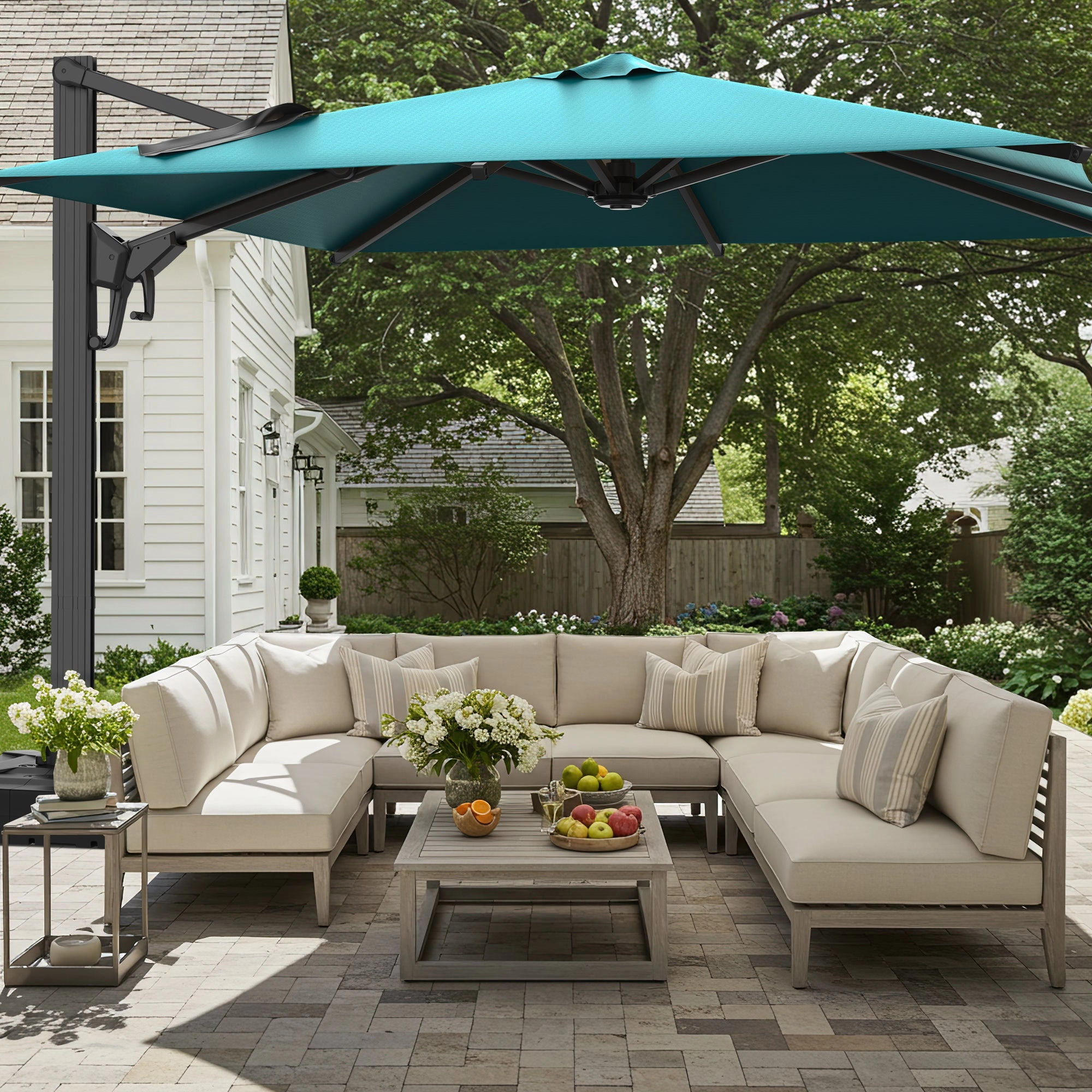 HOMREST 10x10ft Large Rectangular Cantilever Umbrella with 360 Rotation & 6 Adjustable Heights, Blue (Base Excluded)
