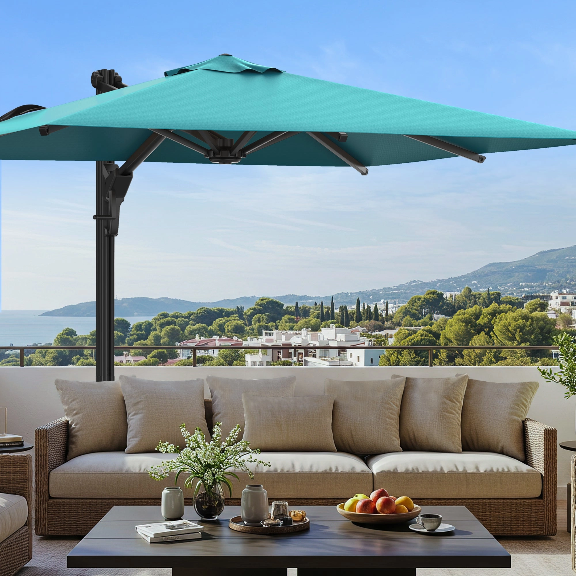 HOMREST 10x10ft Large Rectangular Cantilever Umbrella with 360 Rotation & 6 Adjustable Heights, Blue (Base Excluded)