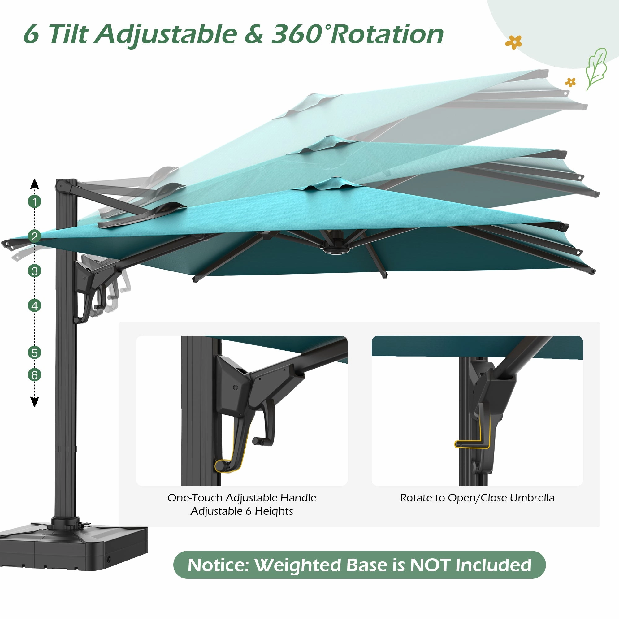 HOMREST 10x10ft Large Rectangular Cantilever Umbrella with 360 Rotation & 6 Adjustable Heights, Blue (Base Excluded)