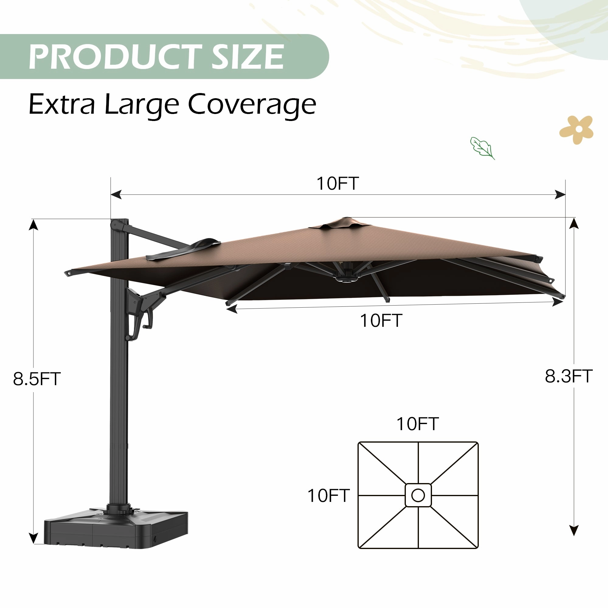 HOMREST 10x10ft Large Rectangular Cantilever Umbrella with 360 Rotation & 6 Adjustable Heights, Brown (Base Excluded)