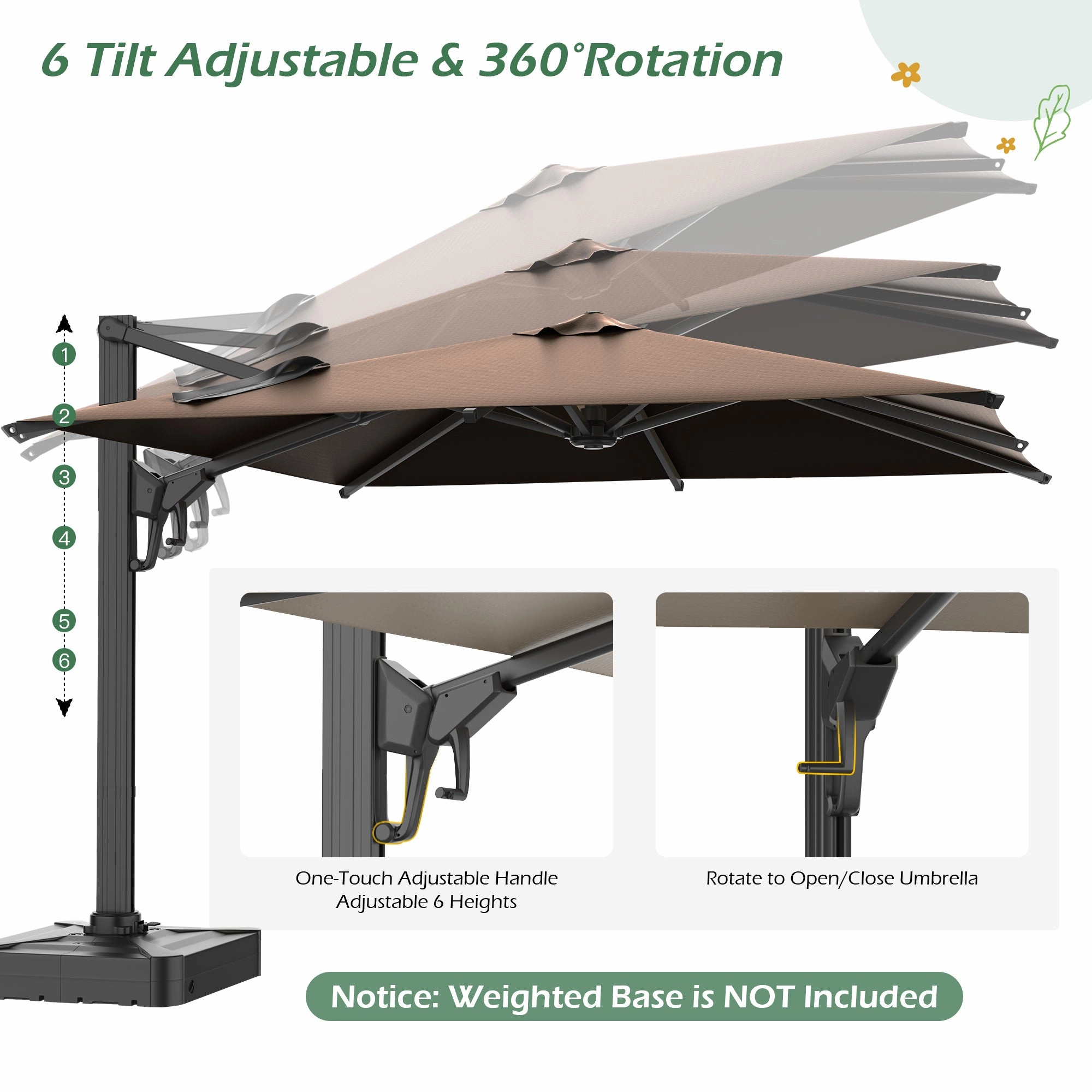 HOMREST 10x10ft Large Rectangular Cantilever Umbrella with 360 Rotation & 6 Adjustable Heights, Brown (Base Excluded)