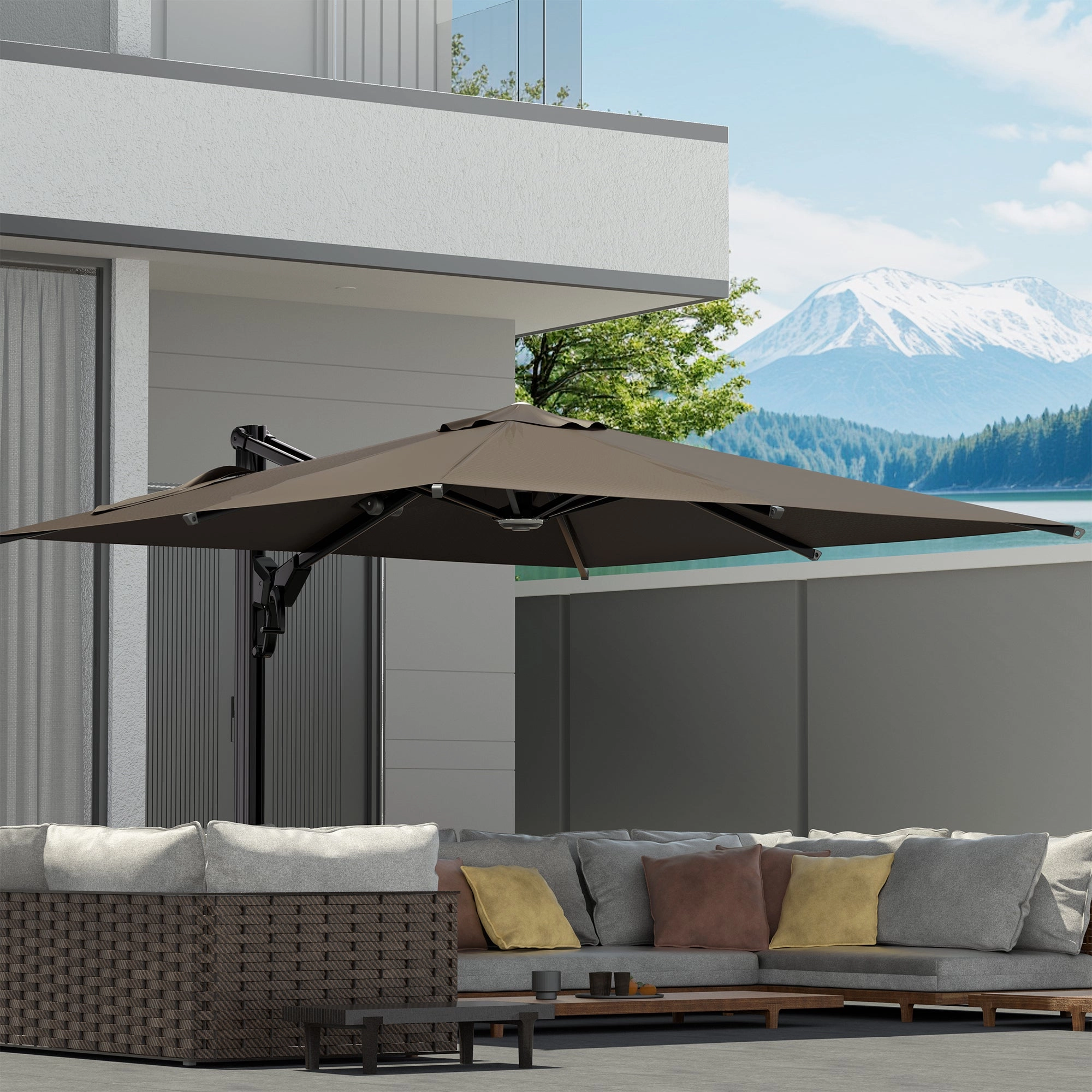 HOMREST 10x10ft Large Rectangular Cantilever Umbrella with 360 Rotation & 6 Adjustable Heights, Brown (Base Excluded)