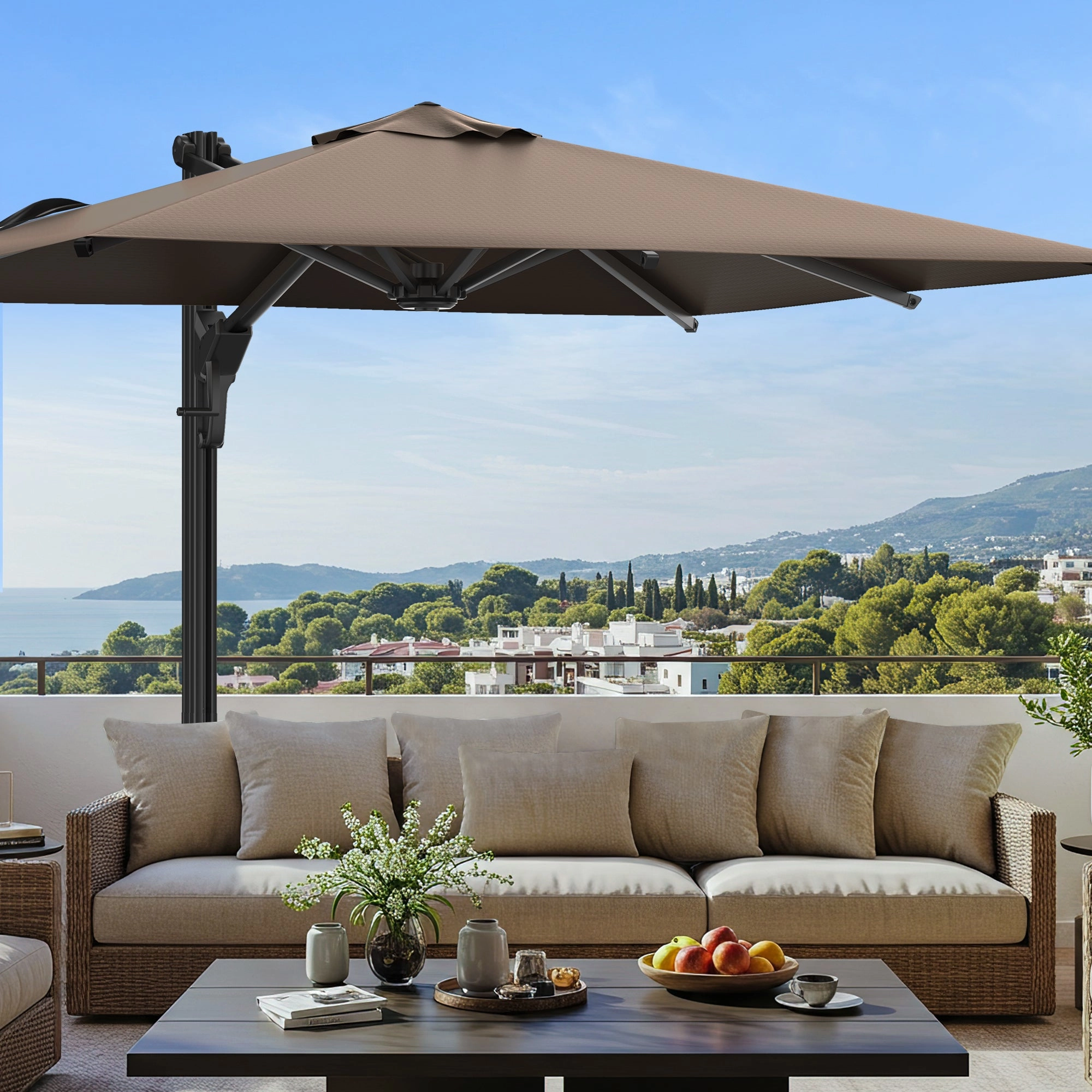 HOMREST 10x10ft Large Rectangular Cantilever Umbrella with 360 Rotation & 6 Adjustable Heights, Brown (Base Excluded)
