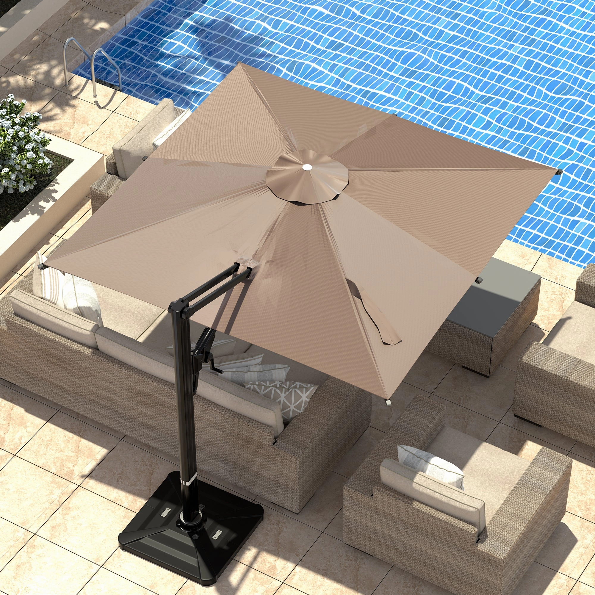 HOMREST 10x10ft Large Rectangular Cantilever Umbrella with 360 Rotation & 6 Adjustable Heights, Brown (Base Excluded)