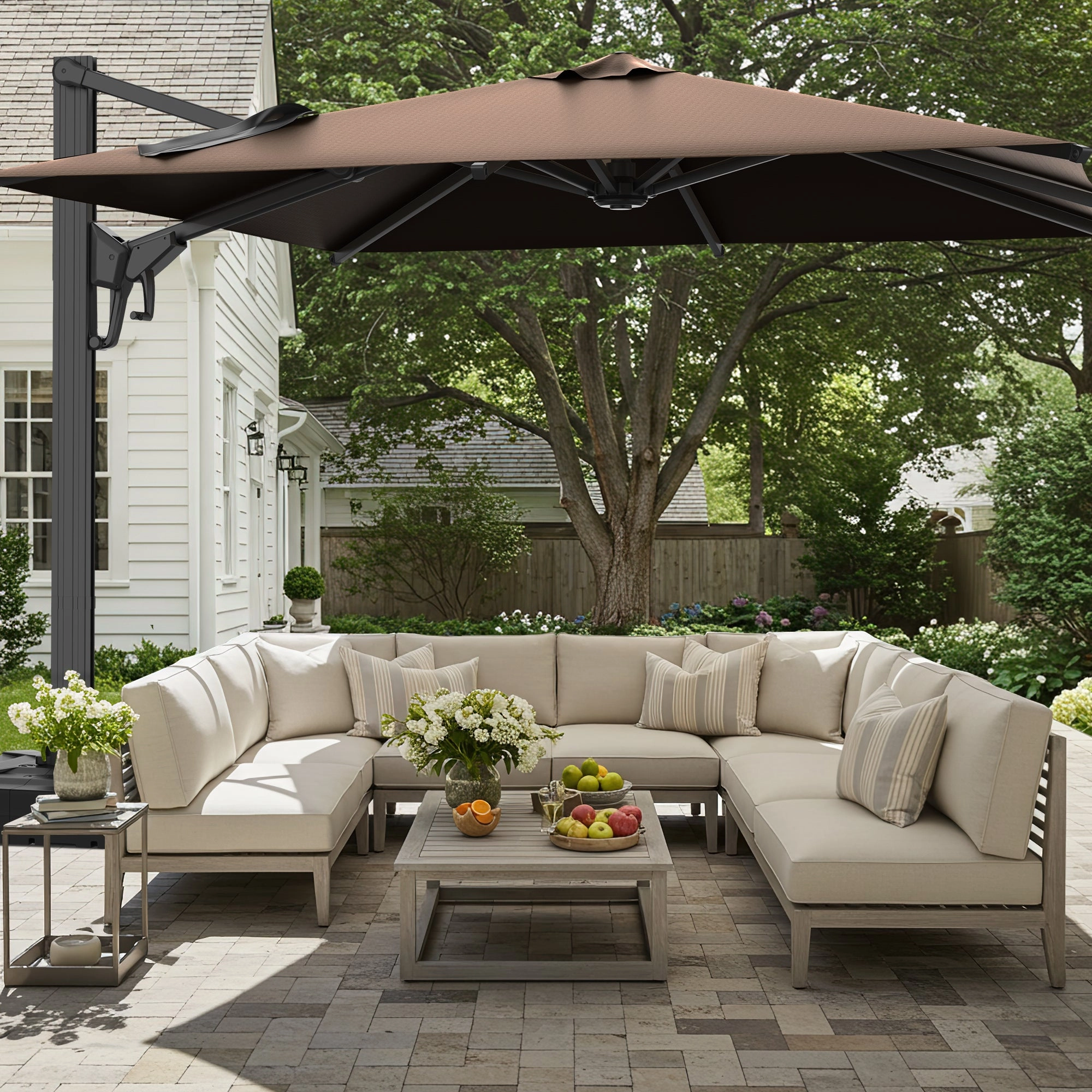 HOMREST 10x10ft Large Rectangular Cantilever Umbrella with 360 Rotation & 6 Adjustable Heights, Brown (Base Excluded)