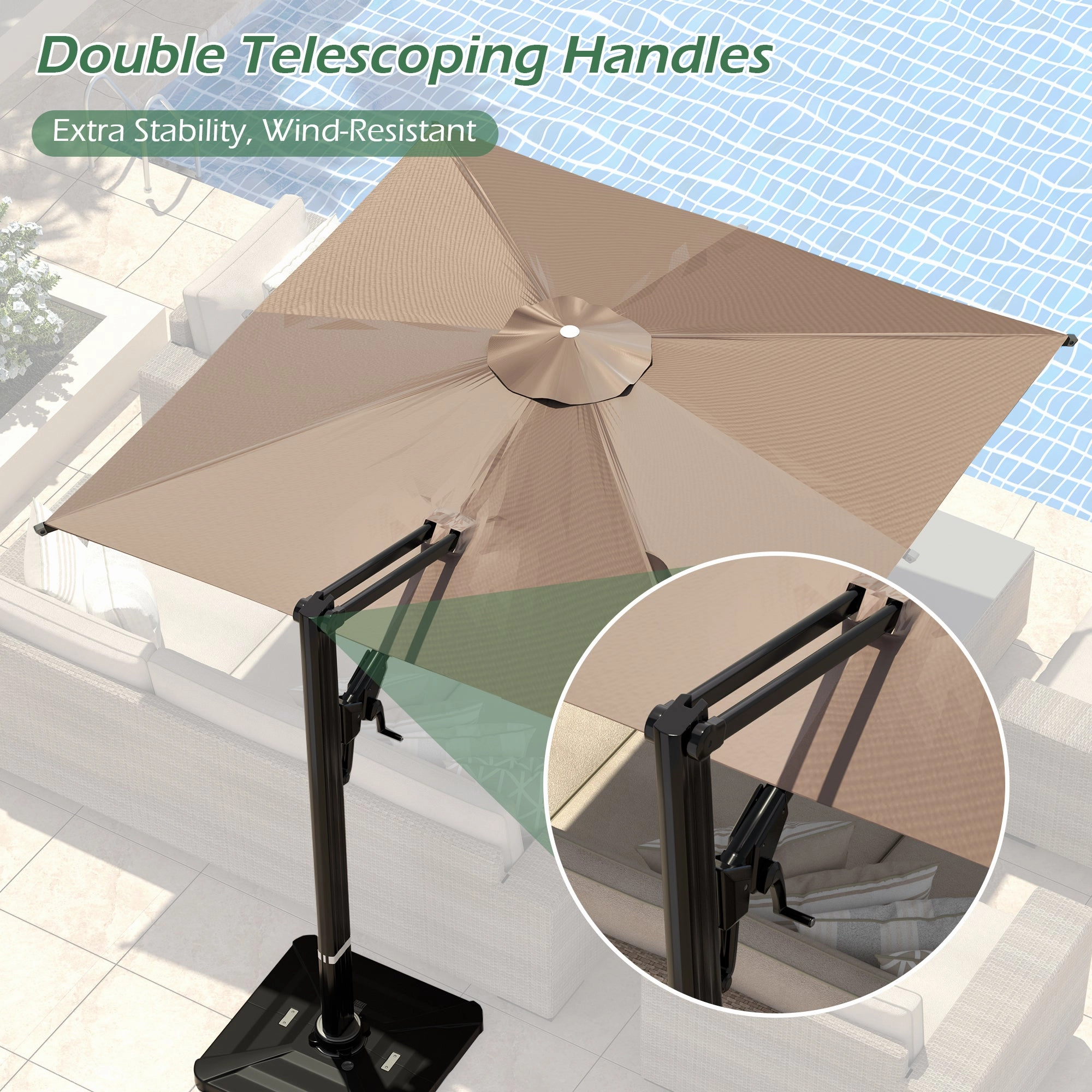 HOMREST 10x10ft Large Rectangular Cantilever Umbrella with 360 Rotation & 6 Adjustable Heights, Brown (Base Excluded)