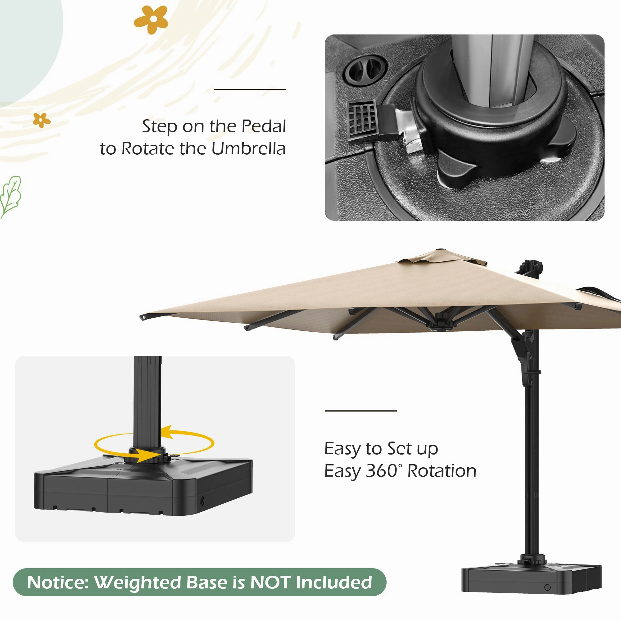 HOMREST 10x10ft Large Rectangular Cantilever Umbrella with 360 Rotation & 6 Adjustable Heights, Brown (Base Excluded)