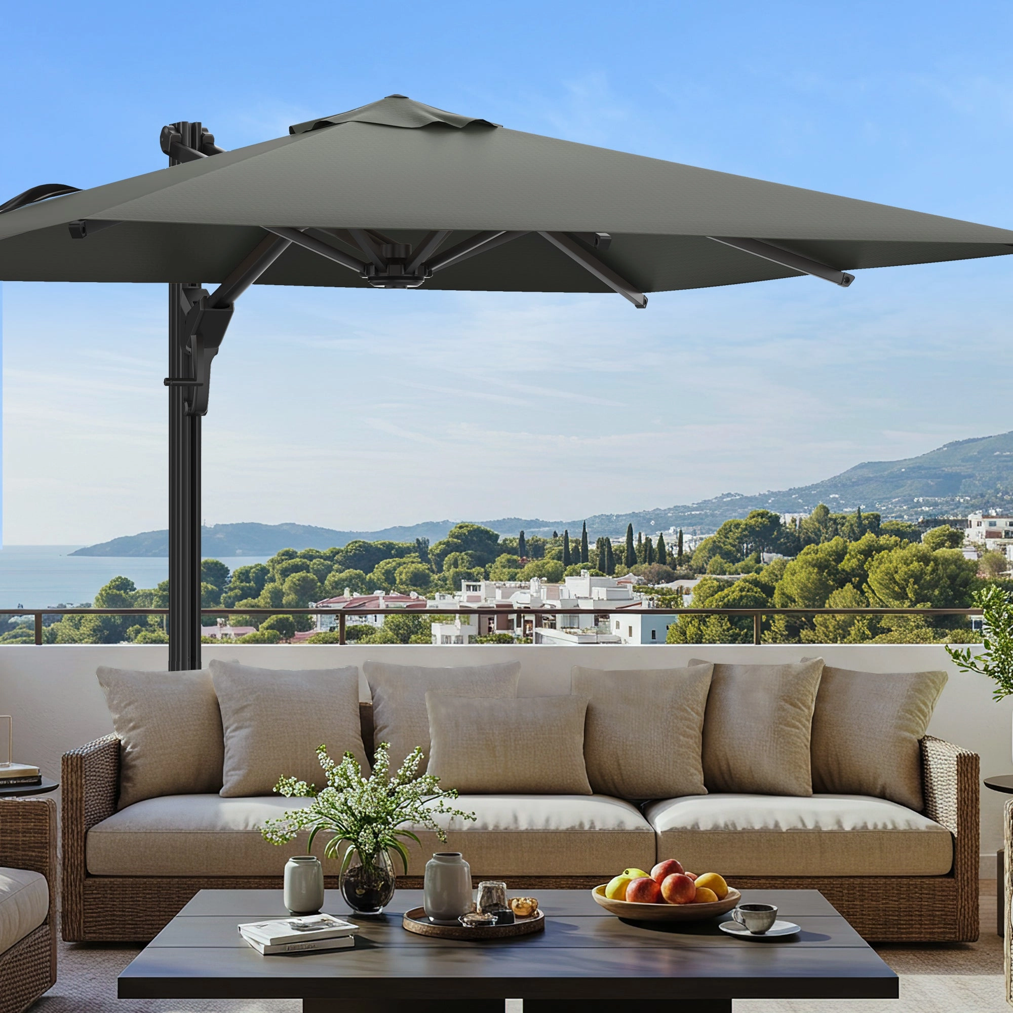HOMREST 10x10ft Large Rectangular Cantilever Umbrella with 360 Rotation & 6 Adjustable Heights, Gray (Base Excluded)