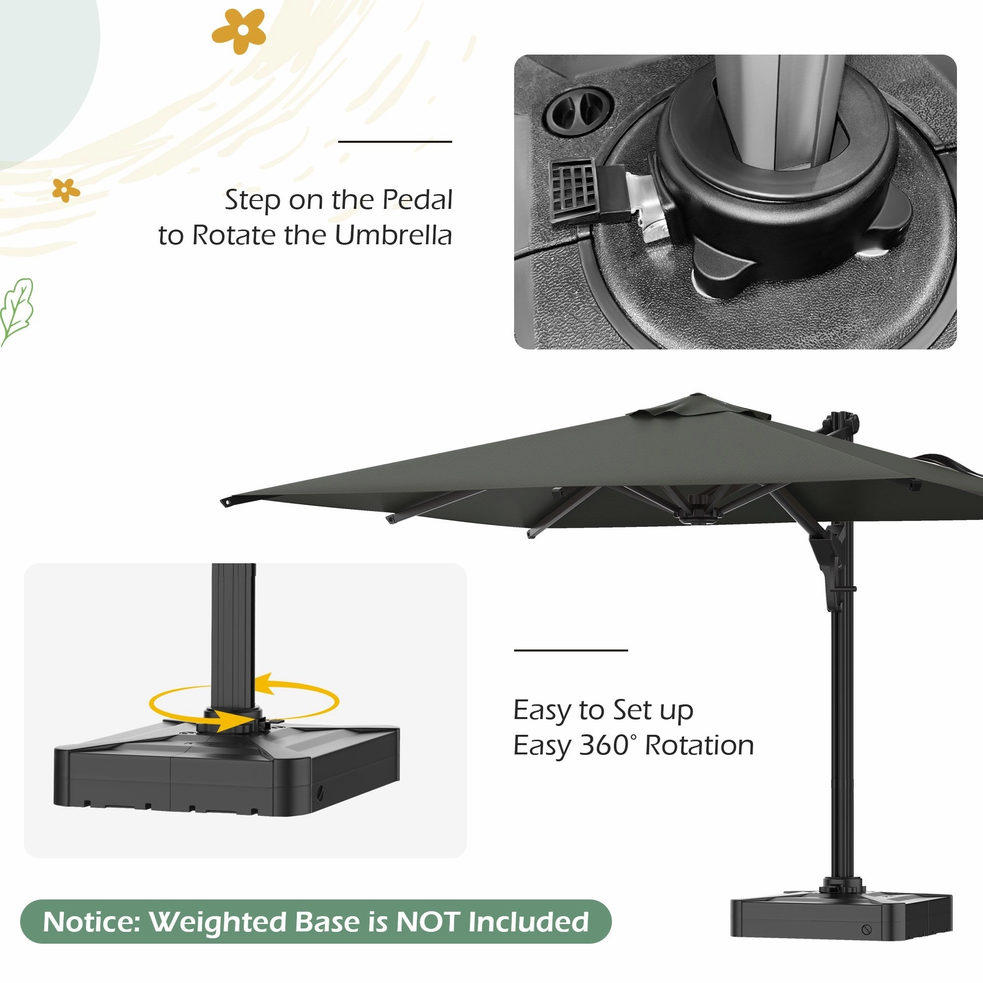 HOMREST 10x10ft Large Rectangular Cantilever Umbrella with 360 Rotation & 6 Adjustable Heights, Gray (Base Excluded)