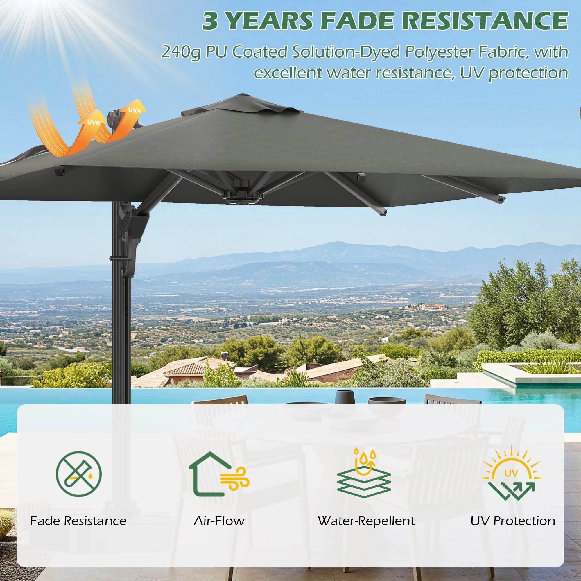 HOMREST 10x10ft Large Rectangular Cantilever Umbrella with 360 Rotation & 6 Adjustable Heights, Gray (Base Excluded)