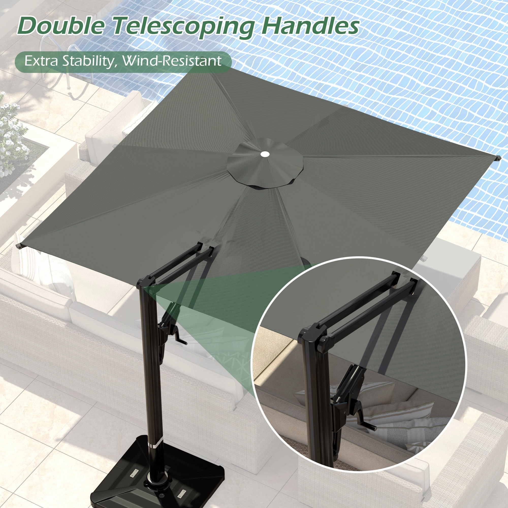 HOMREST 10x10ft Large Rectangular Cantilever Umbrella with 360 Rotation & 6 Adjustable Heights, Gray (Base Excluded)
