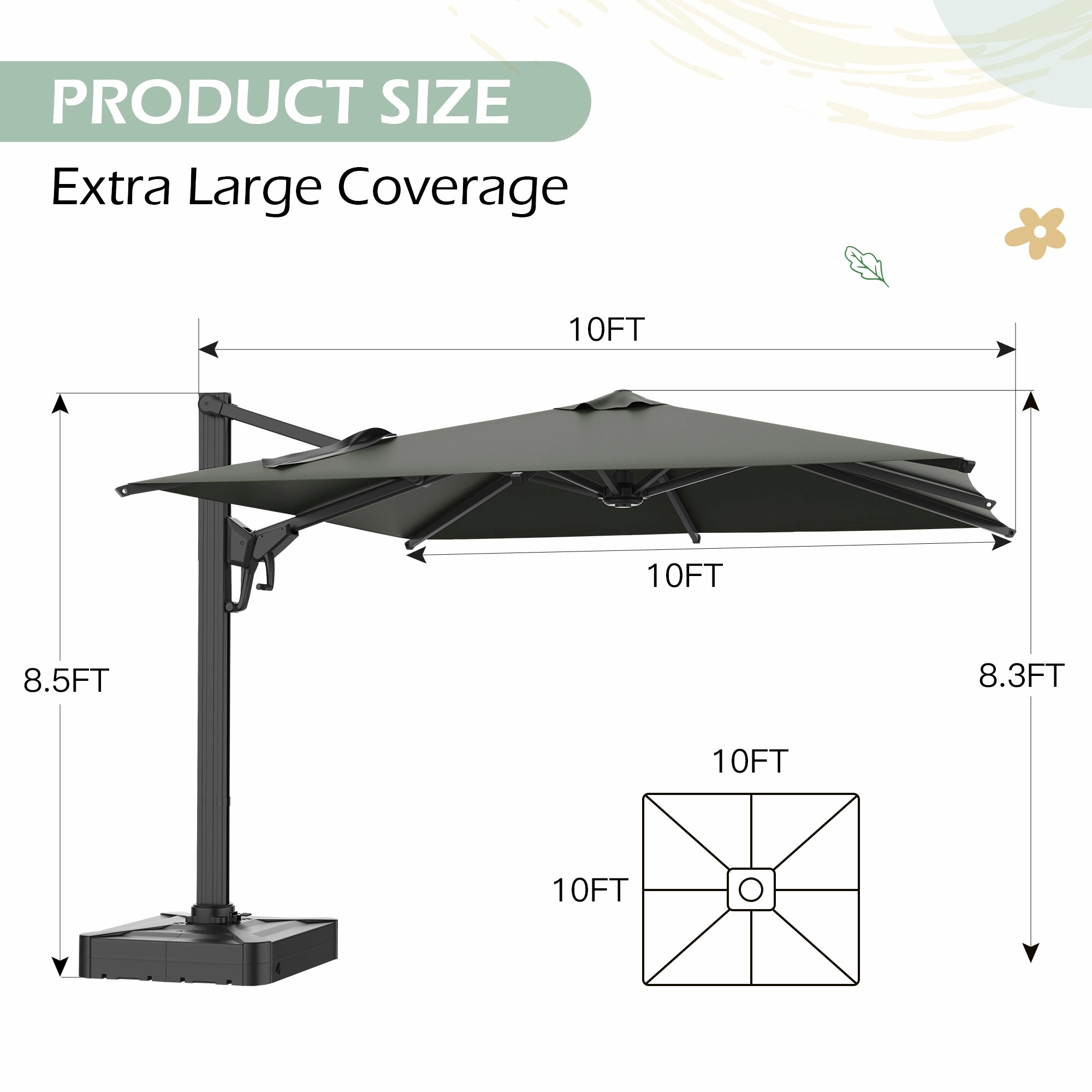 HOMREST 10x10ft Large Rectangular Cantilever Umbrella with 360 Rotation & 6 Adjustable Heights, Gray (Base Excluded)