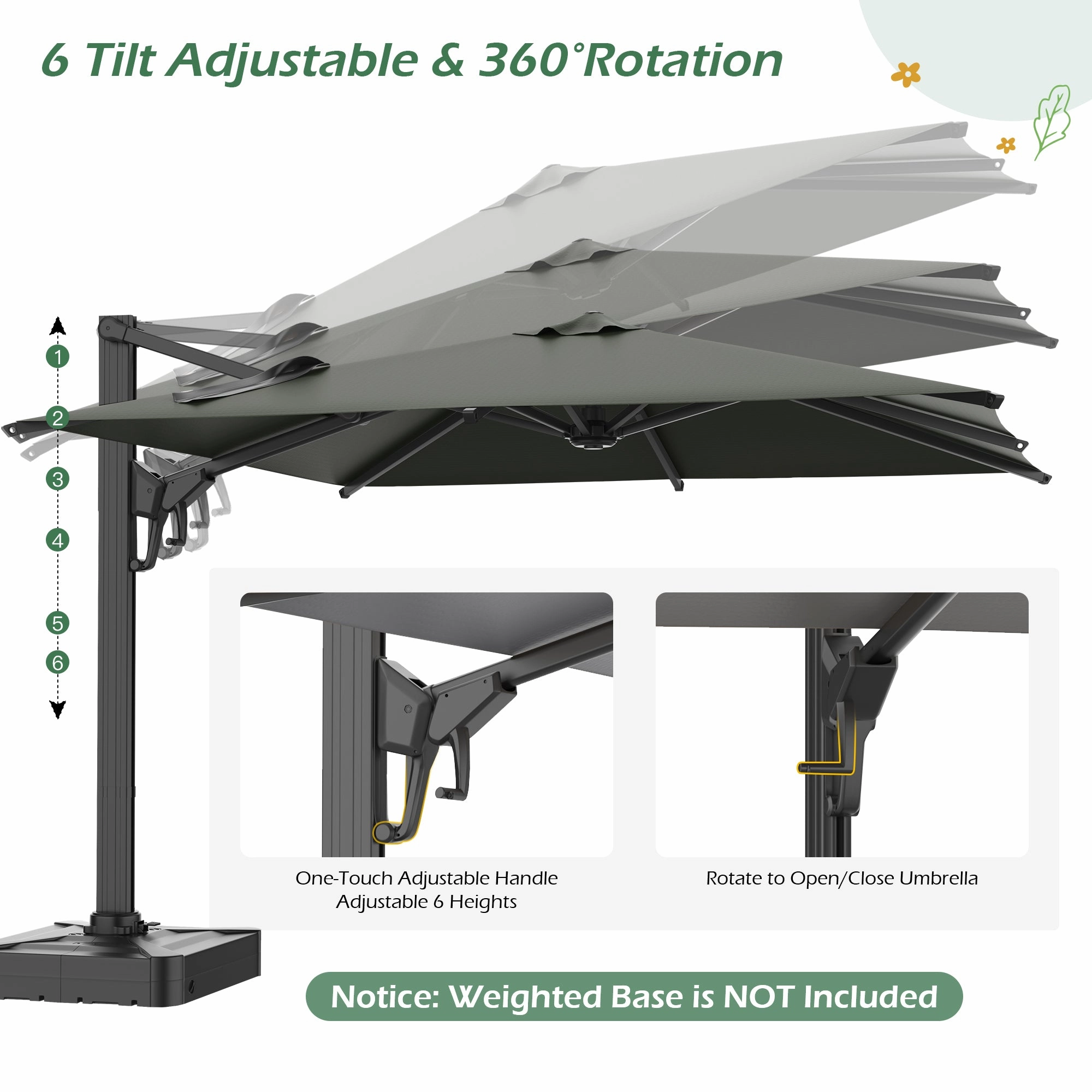 HOMREST 10x10ft Large Rectangular Cantilever Umbrella with 360 Rotation & 6 Adjustable Heights, Gray (Base Excluded)