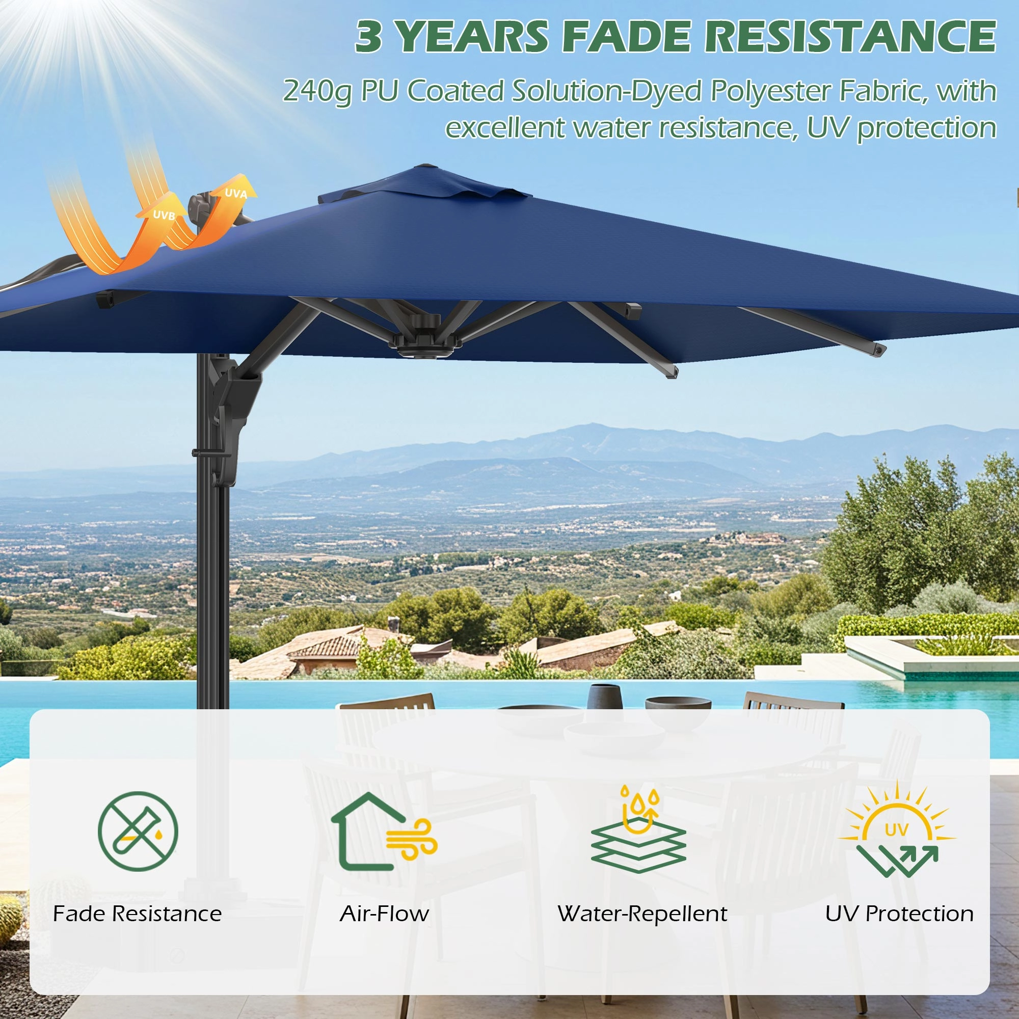 HOMREST 10x10ft Large Rectangular Cantilever Umbrella with 360 Rotation & 6 Adjustable Heights, Navy (Base Excluded)