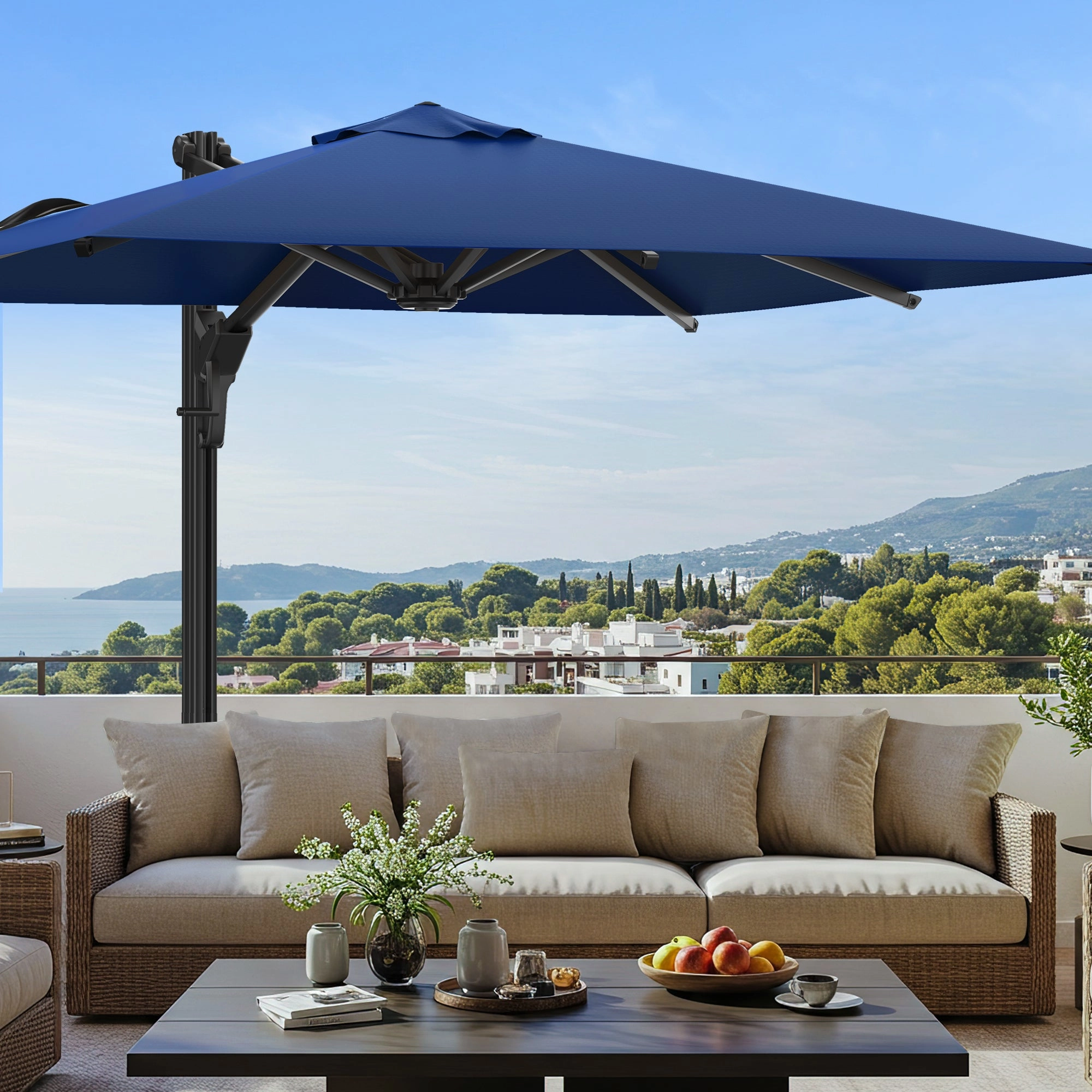 HOMREST 10x10ft Large Rectangular Cantilever Umbrella with 360 Rotation & 6 Adjustable Heights, Navy (Base Excluded)