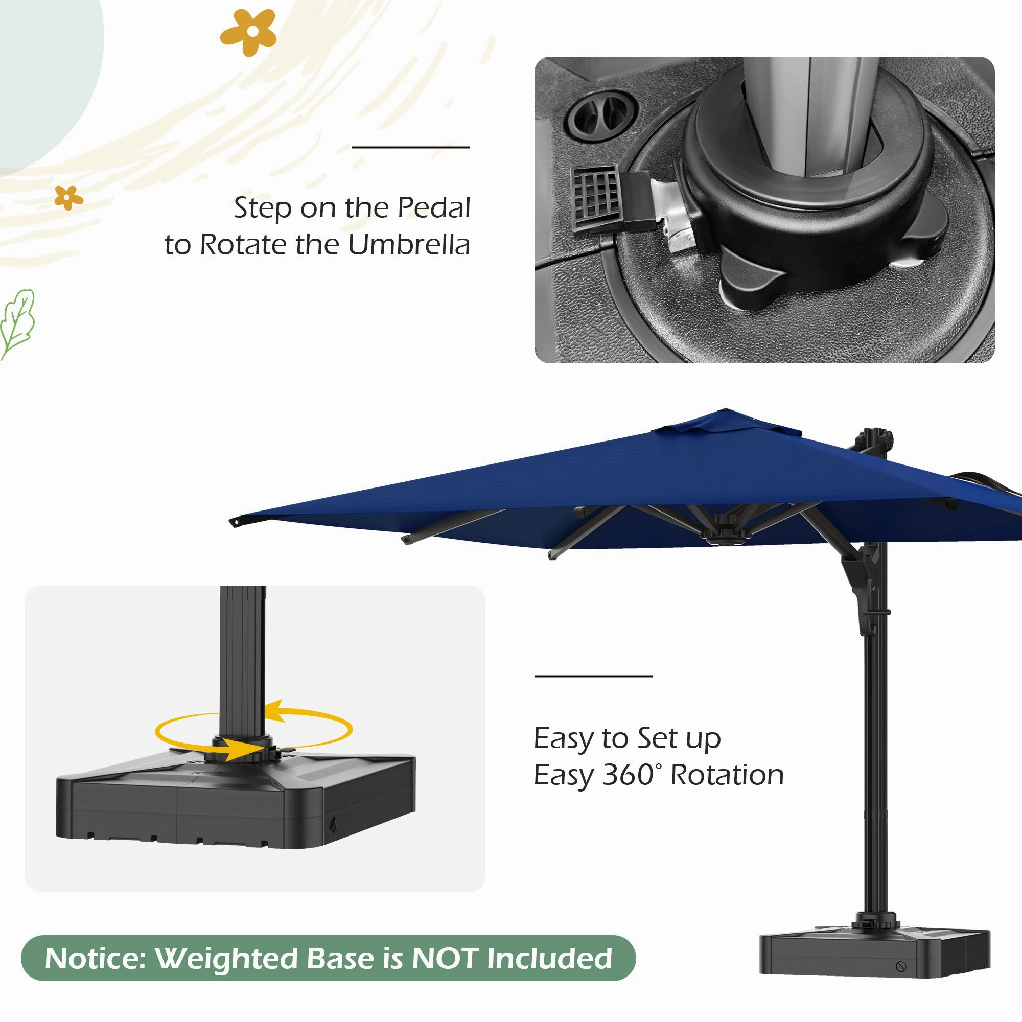 HOMREST 10x10ft Large Rectangular Cantilever Umbrella with 360 Rotation & 6 Adjustable Heights, Navy (Base Excluded)