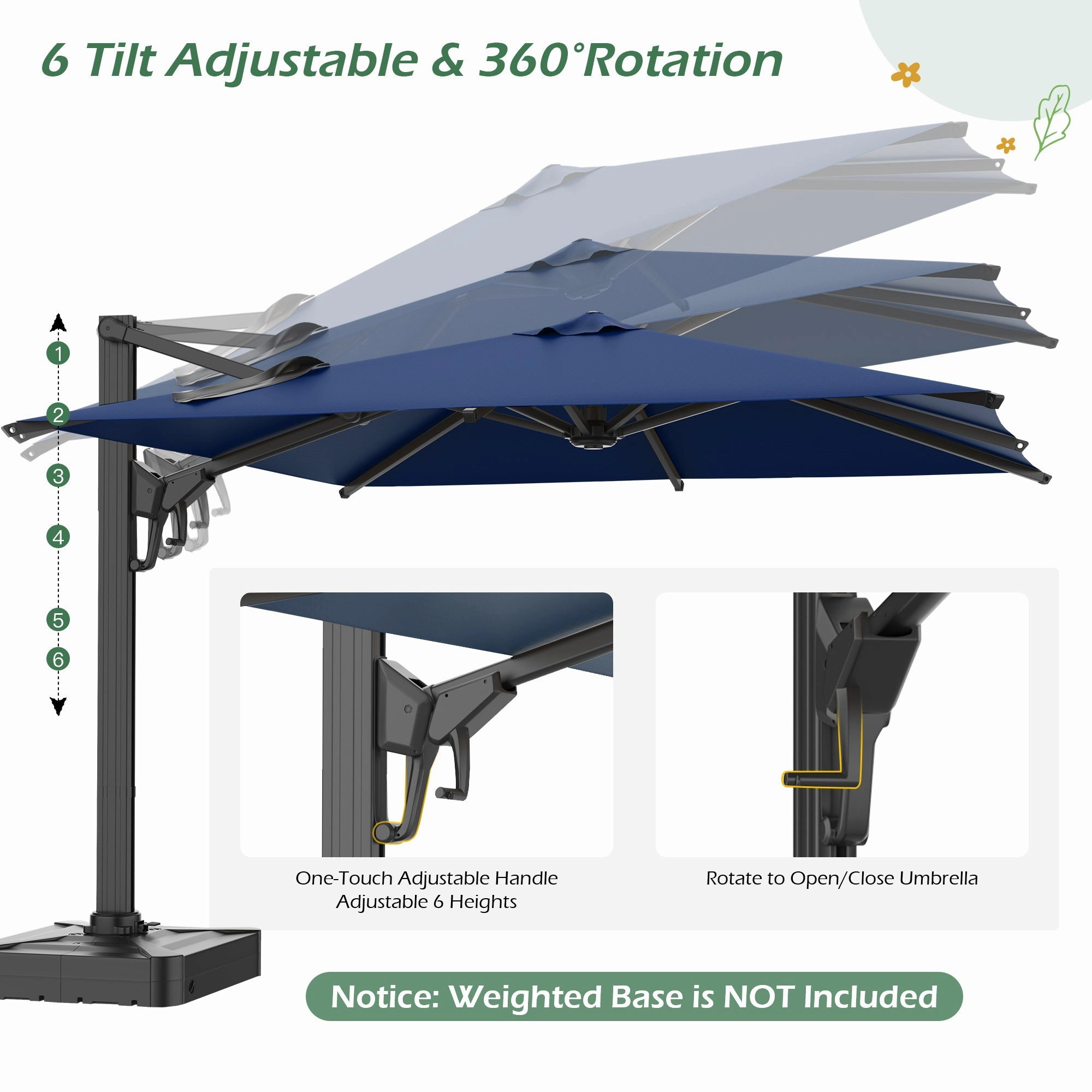 HOMREST 10x10ft Large Rectangular Cantilever Umbrella with 360 Rotation & 6 Adjustable Heights, Navy (Base Excluded)