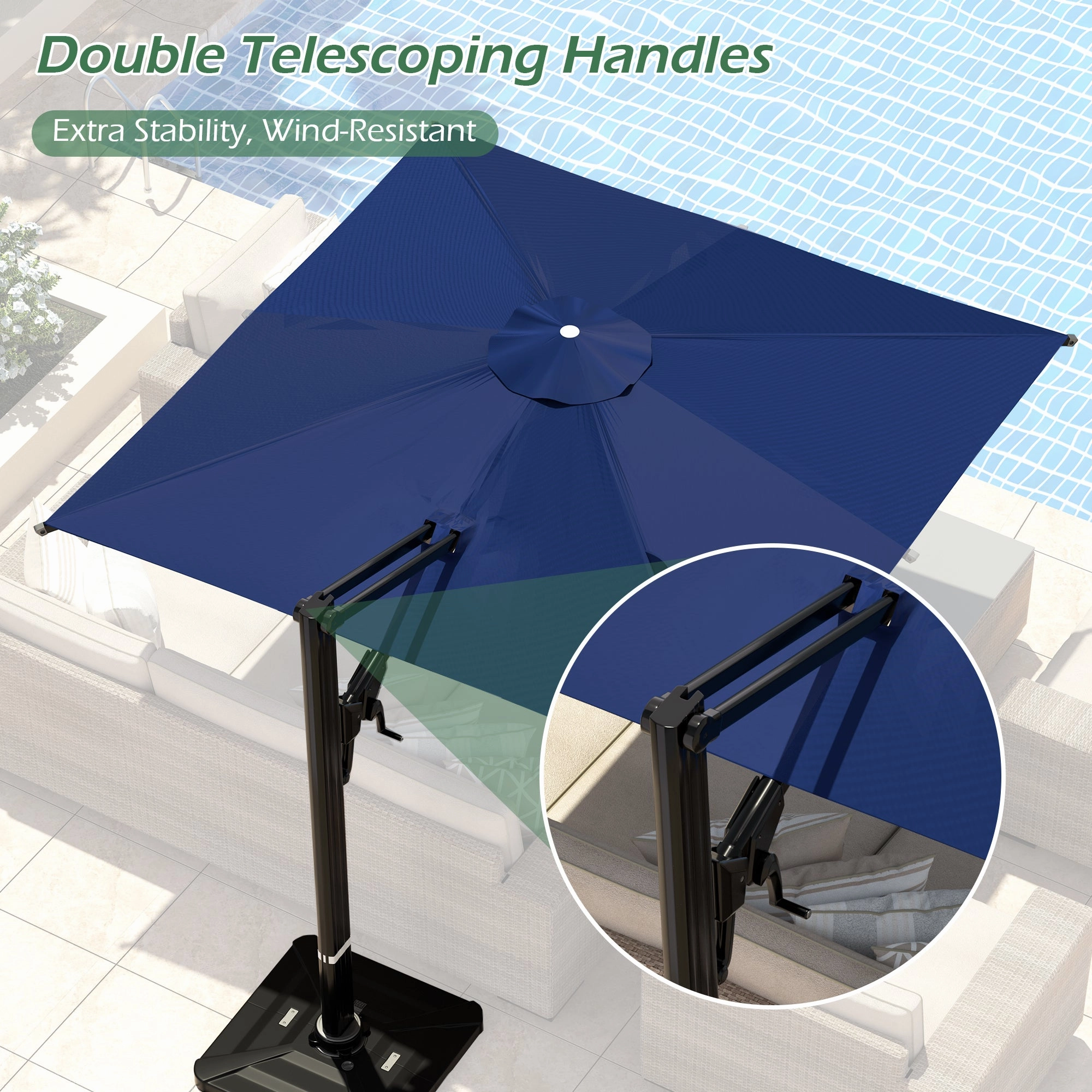HOMREST 10x10ft Large Rectangular Cantilever Umbrella with 360 Rotation & 6 Adjustable Heights, Navy (Base Excluded)