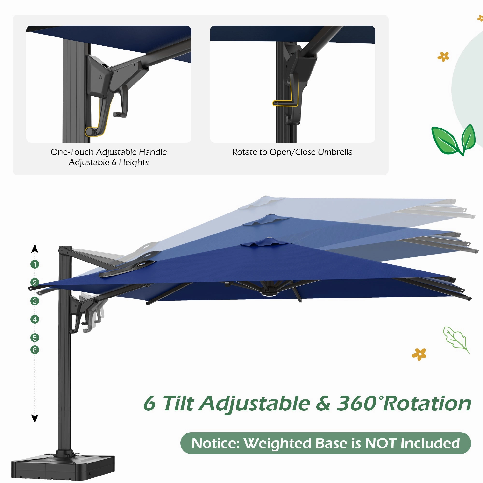 HOMREST 10x13ft Large Rectangular Cantilever Umbrella with 360 Rotation & 6 Adjustable Heights, Outdoor Patio Umbrella for Garden, Pool, Deck, Navy (Base Excluded)