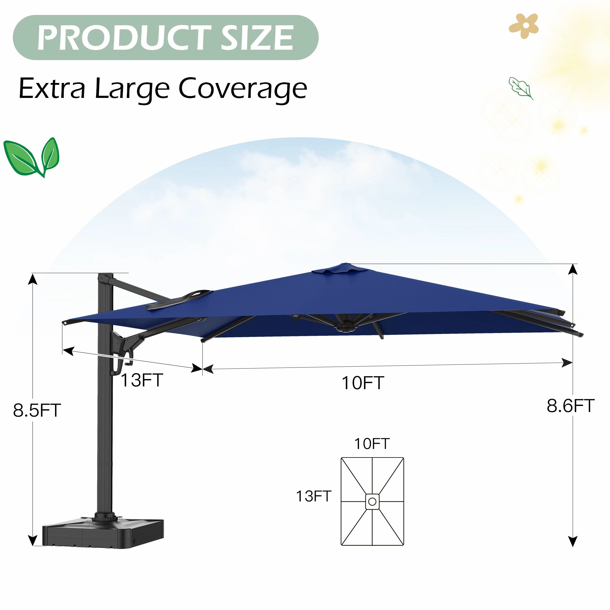 HOMREST 10x13ft Large Rectangular Cantilever Umbrella with 360 Rotation & 6 Adjustable Heights, Outdoor Patio Umbrella for Garden, Pool, Deck, Navy (Base Excluded)