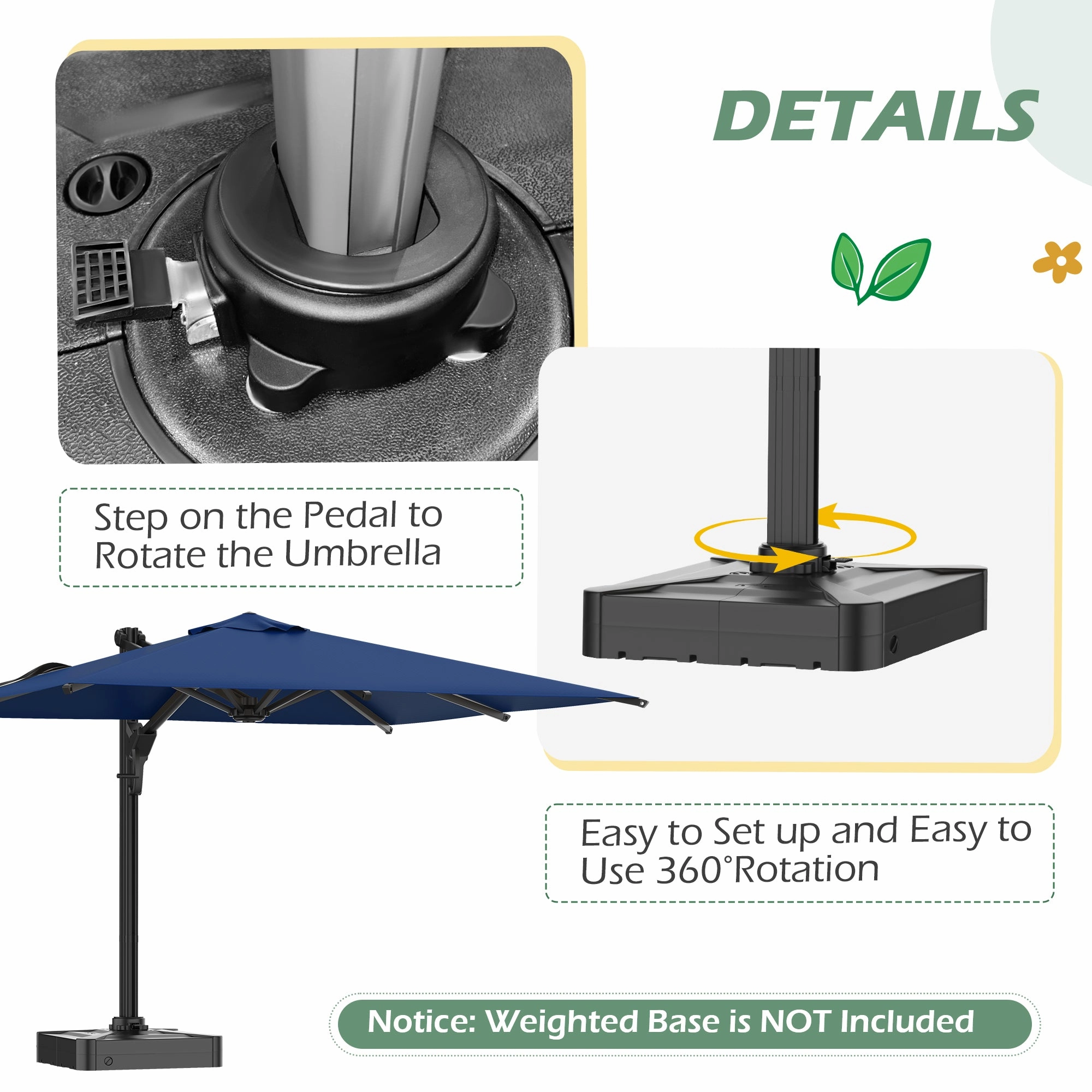 HOMREST 10x13ft Large Rectangular Cantilever Umbrella with 360 Rotation & 6 Adjustable Heights, Outdoor Patio Umbrella for Garden, Pool, Deck, Navy (Base Excluded)