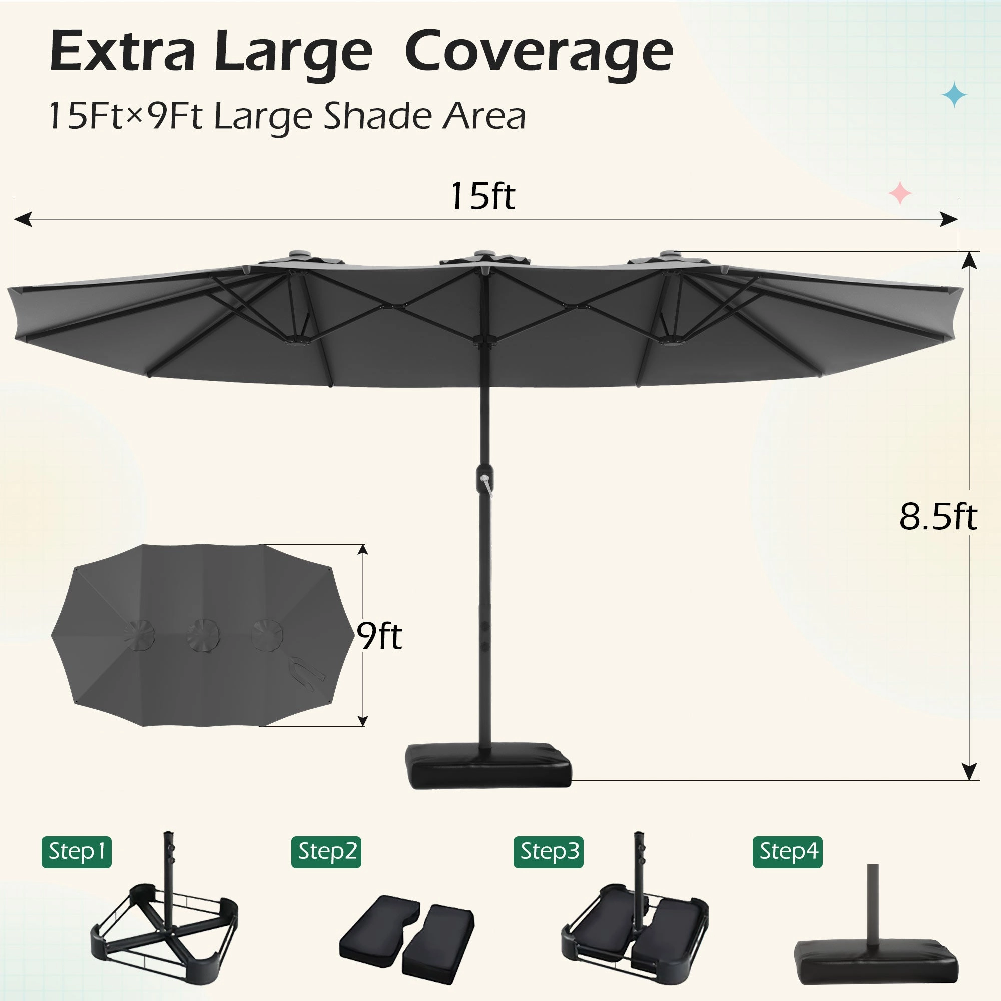 HOMREST 15ft Large Double-Sided Patio Umbrella, Outdoor Crank System, and Base, Gray