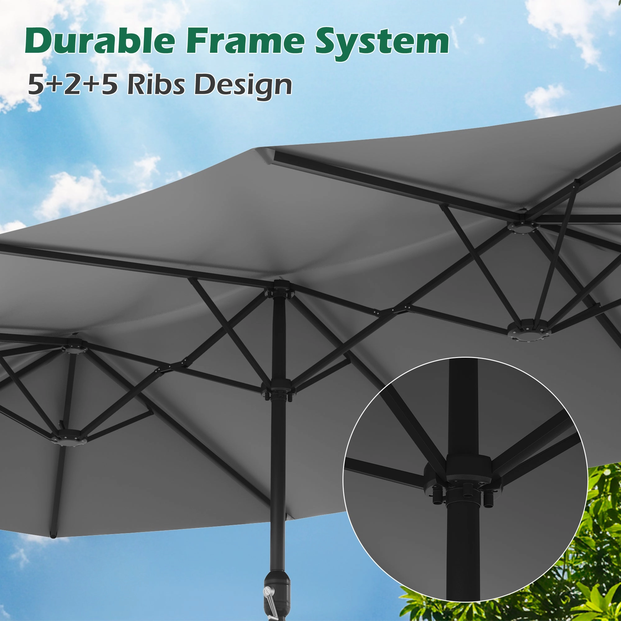 HOMREST 15ft Large Double-Sided Patio Umbrella, Outdoor Crank System, and Base, Gray