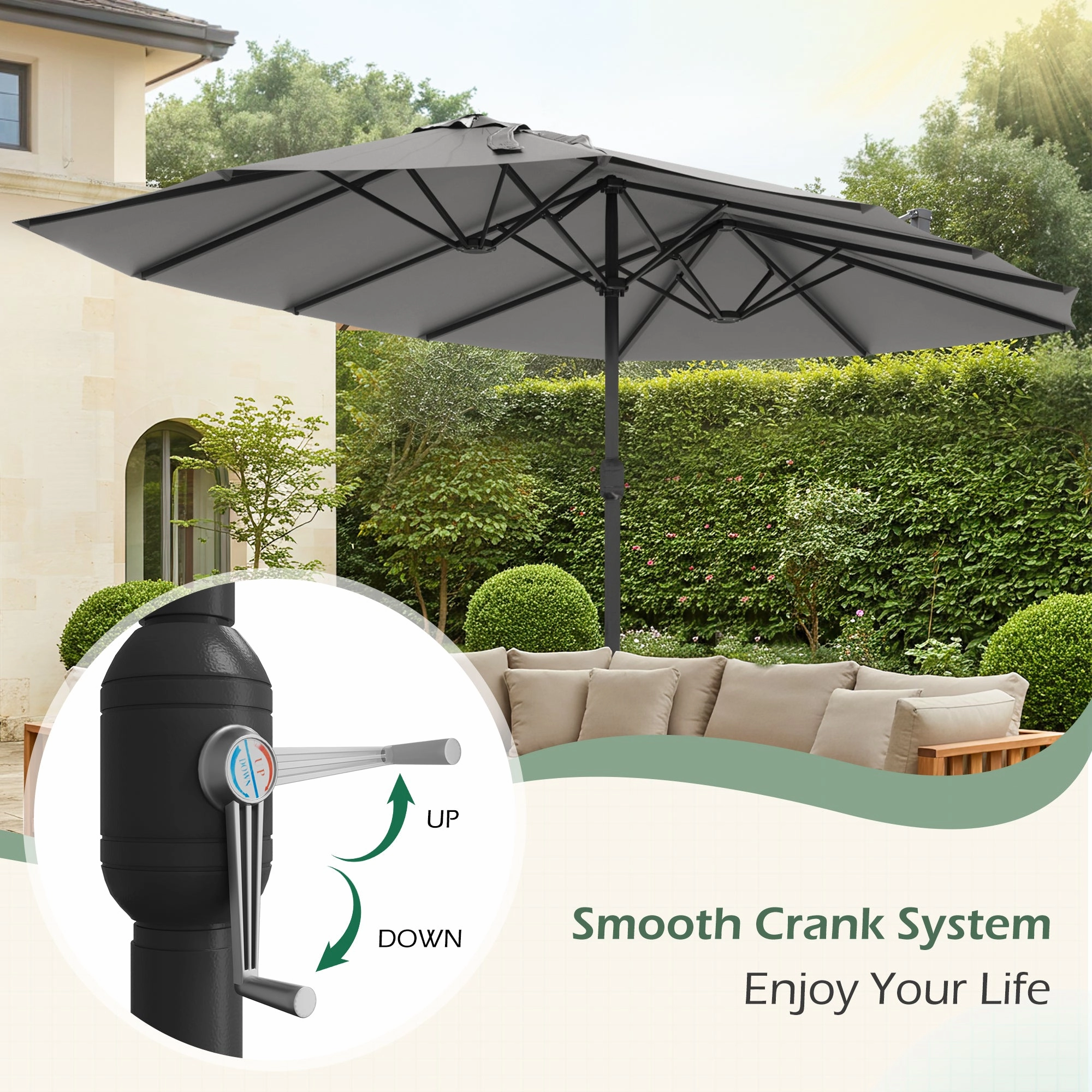 HOMREST 15ft Large Double-Sided Patio Umbrella, Outdoor Crank System, and Base, Gray