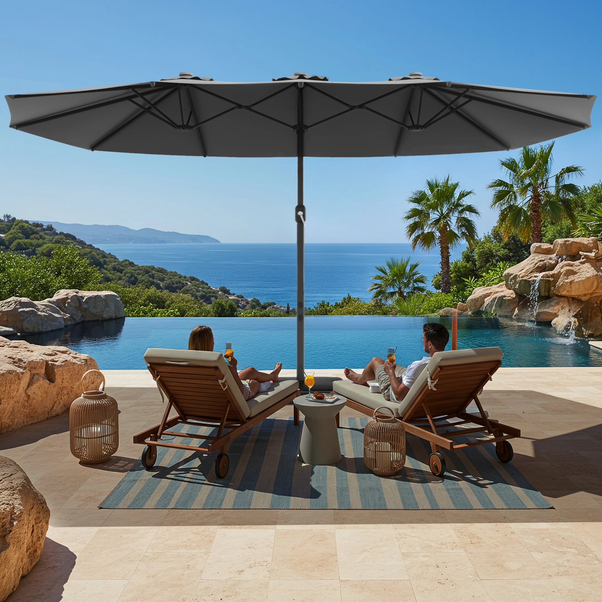HOMREST 15ft Large Double-Sided Patio Umbrella, Outdoor Crank System, and Base, Gray