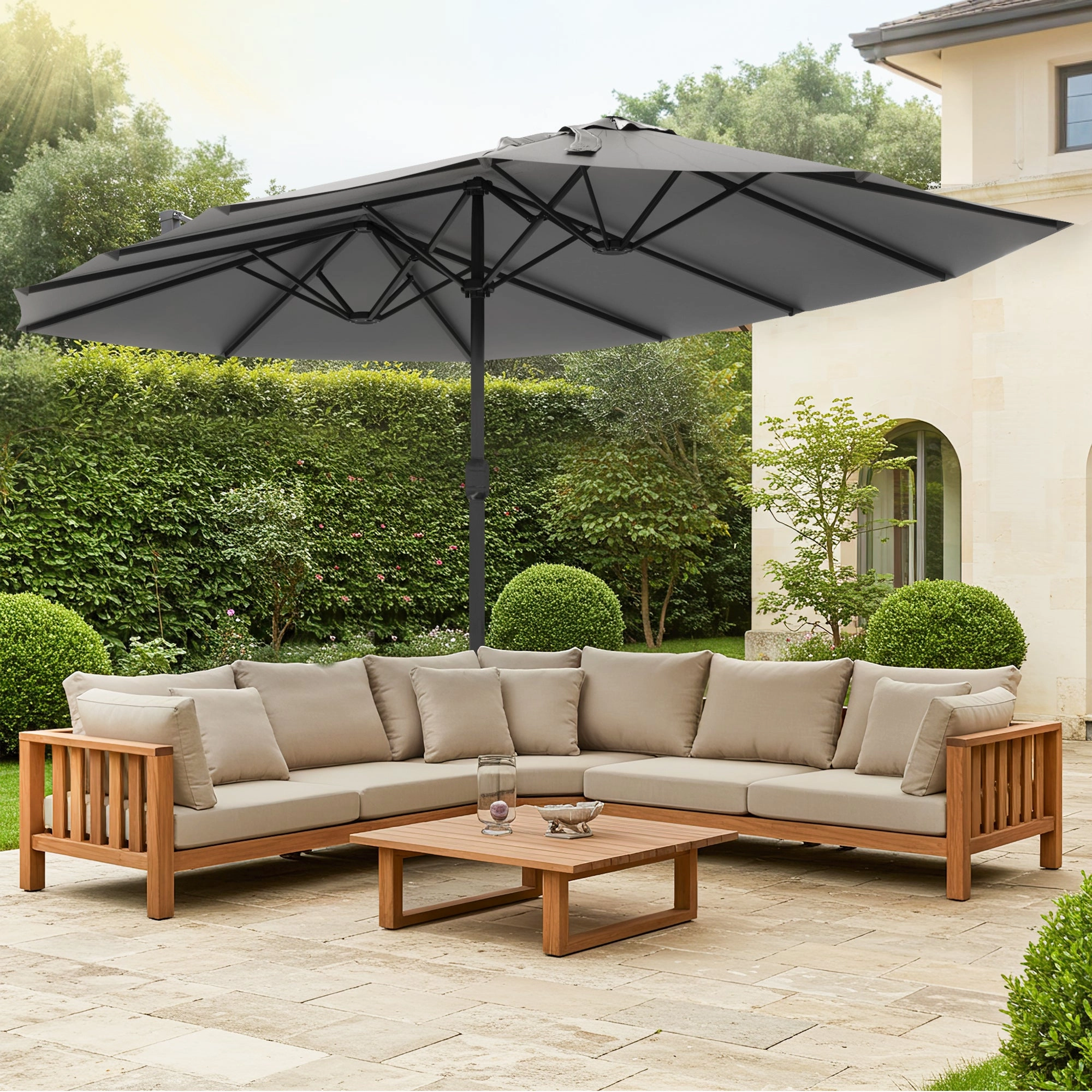 HOMREST 15ft Large Double-Sided Patio Umbrella, Outdoor Crank System, and Base, Gray