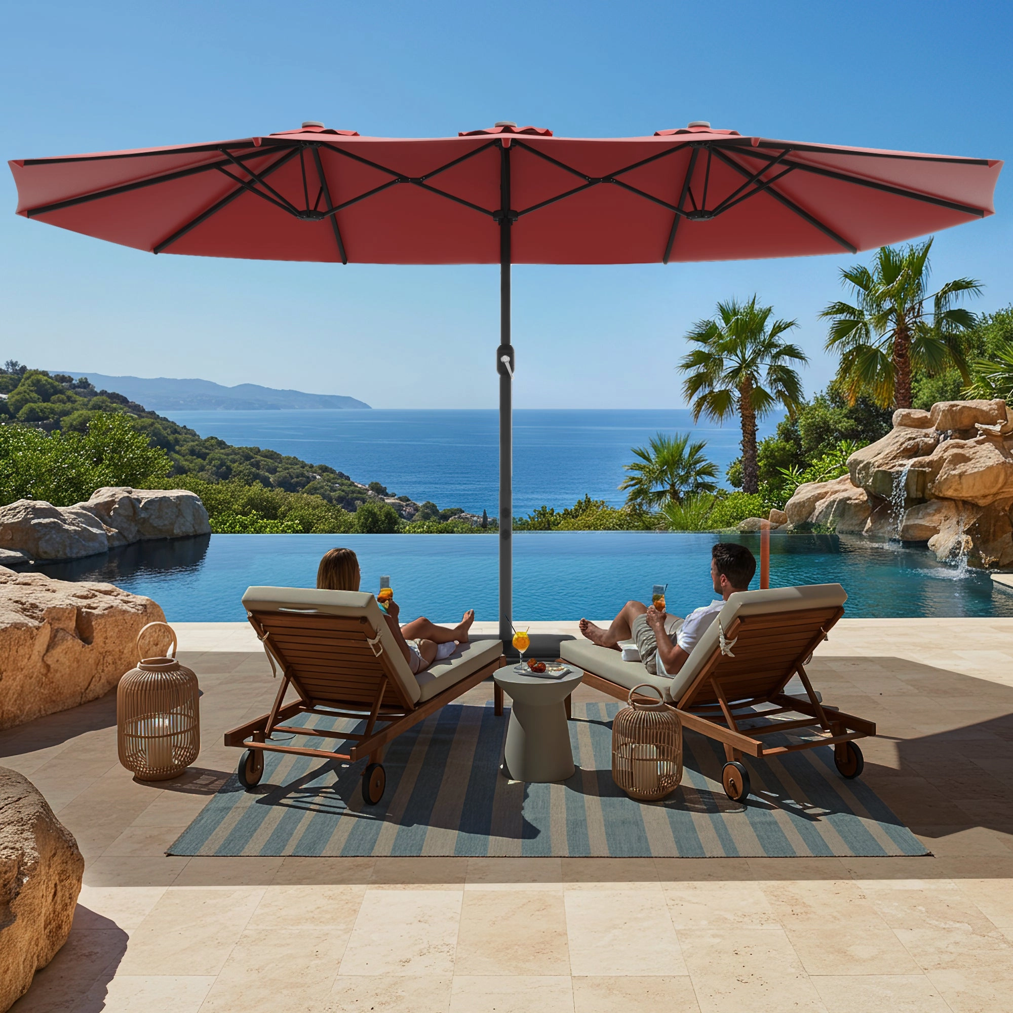 HOMREST 15ft Large Double-Sided Patio Umbrella, Outdoor Crank System, and Base, Red