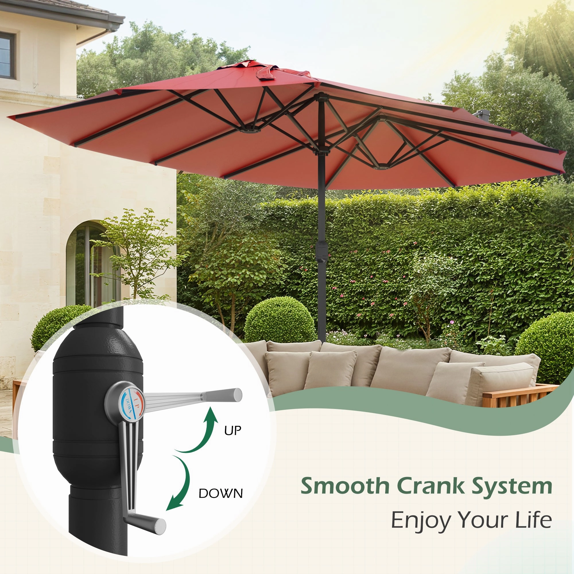 HOMREST 15ft Large Double-Sided Patio Umbrella, Outdoor Crank System, and Base, Red