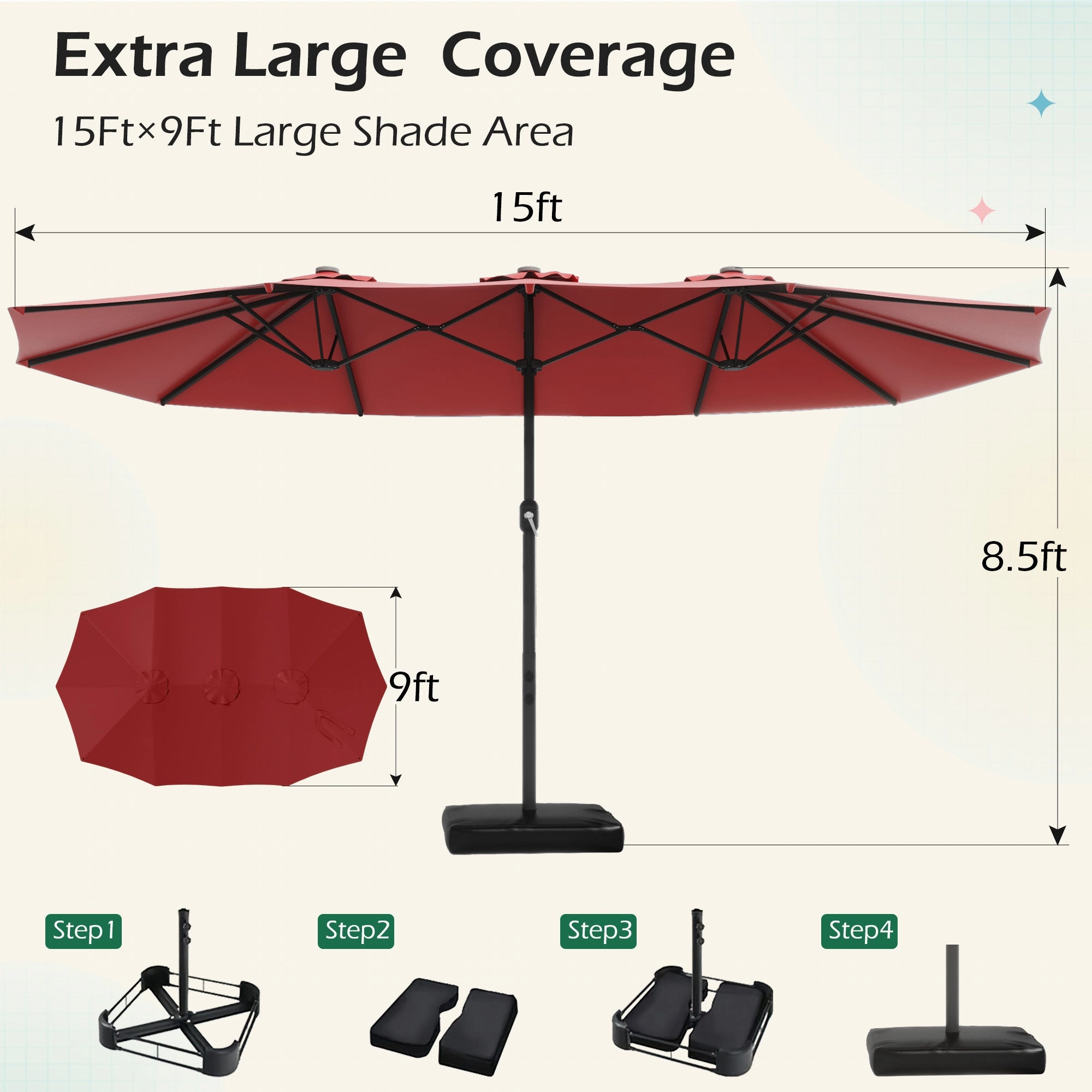 HOMREST 15ft Large Double-Sided Patio Umbrella, Outdoor Crank System, and Base, Red